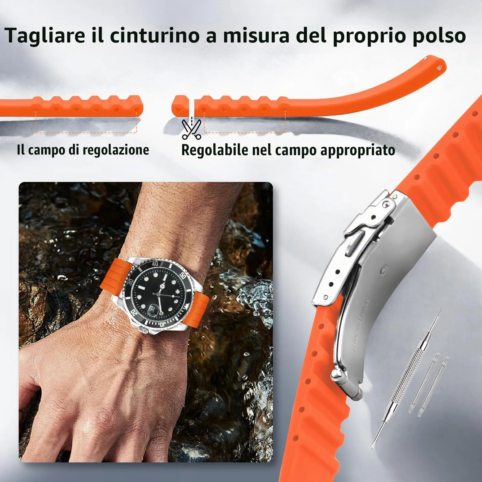 ULLCHRO Bracelet Montre Haute Qualité Remplacer Silicone Bracelet Montre Link Pattern - 16mm, 18mm, 20mm, 22mm, 24mm Caoutchouc Watch Straps Boucle Déployante Acier inoxydable (22mm, arancione) - immagine 5