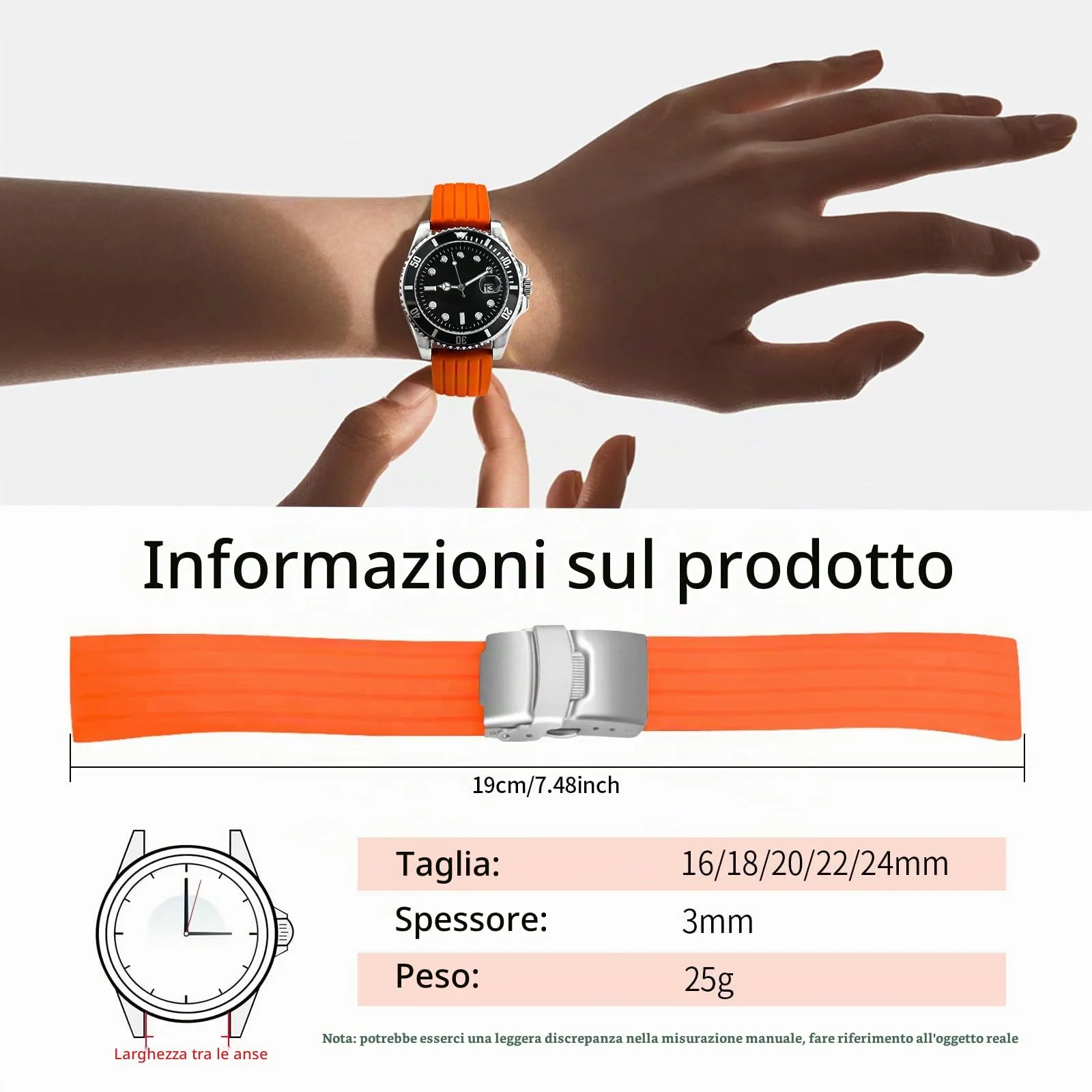 ULLCHRO Bracelet Montre Haute Qualité Remplacer Silicone Bracelet Montre Link Pattern - 16mm, 18mm, 20mm, 22mm, 24mm Caoutchouc Watch Straps Boucle Déployante Acier inoxydable (22mm, arancione) - immagine 6