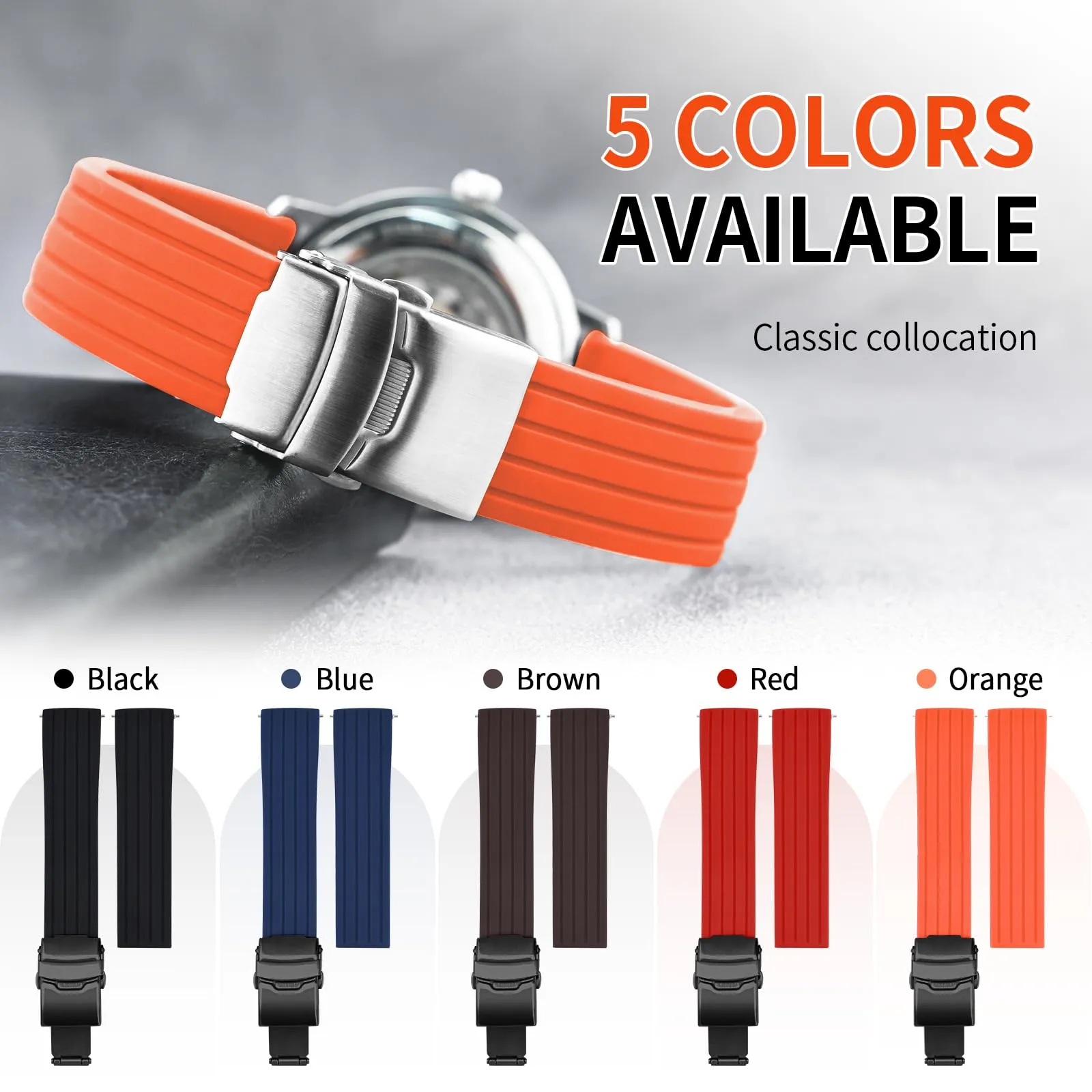 ULLCHRO Bracelet Montre Haute Qualité Remplacer Silicone Bracelet Montre Link Pattern - 16mm, 18mm, 20mm, 22mm, 24mm Caoutchouc Watch Straps Boucle Déployante Acier inoxydable (16mm, arancione) - immagine 3