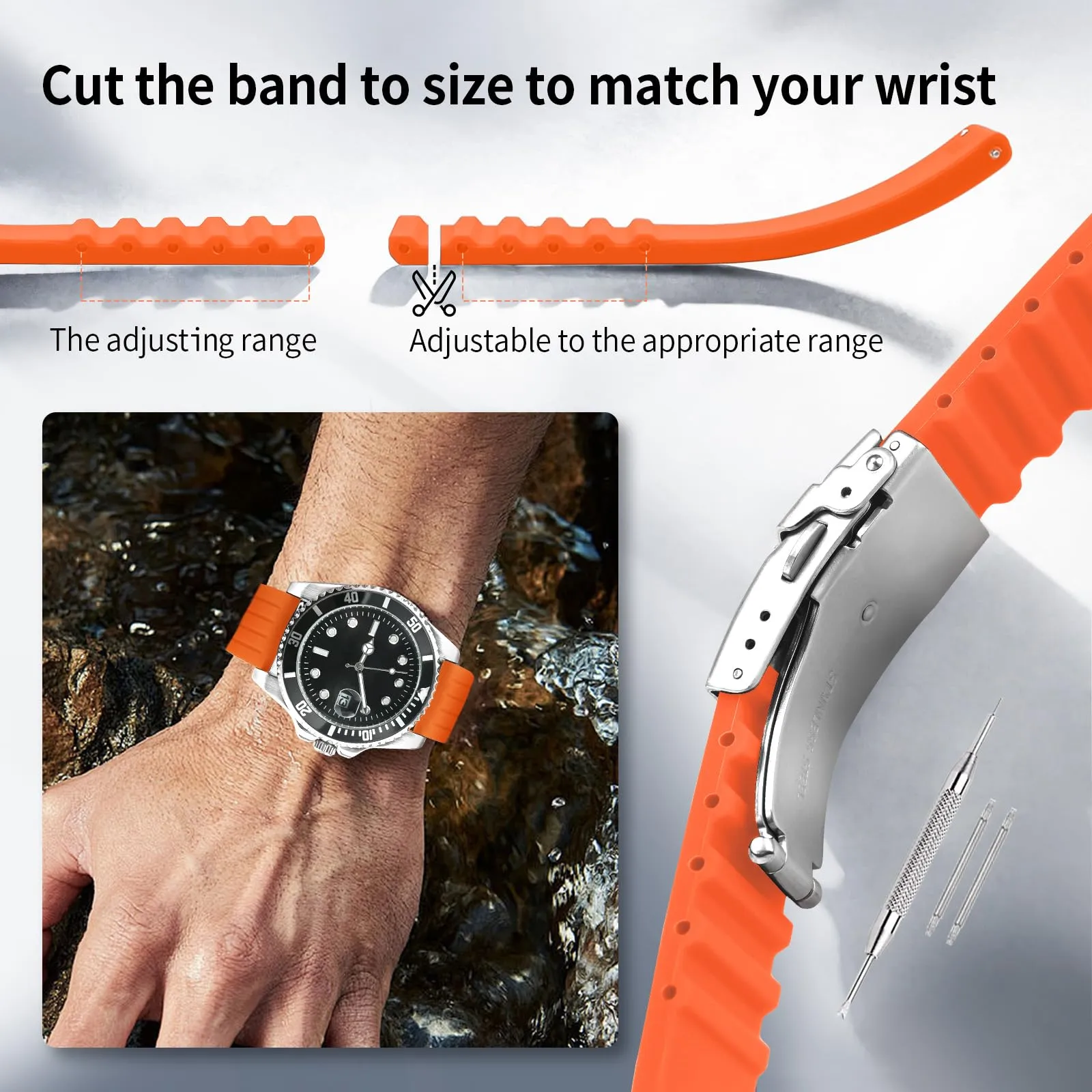 ULLCHRO Bracelet Montre Haute Qualité Remplacer Silicone Bracelet Montre Link Pattern - 16mm, 18mm, 20mm, 22mm, 24mm Caoutchouc Watch Straps Boucle Déployante Acier inoxydable (16mm, arancione) - immagine 5