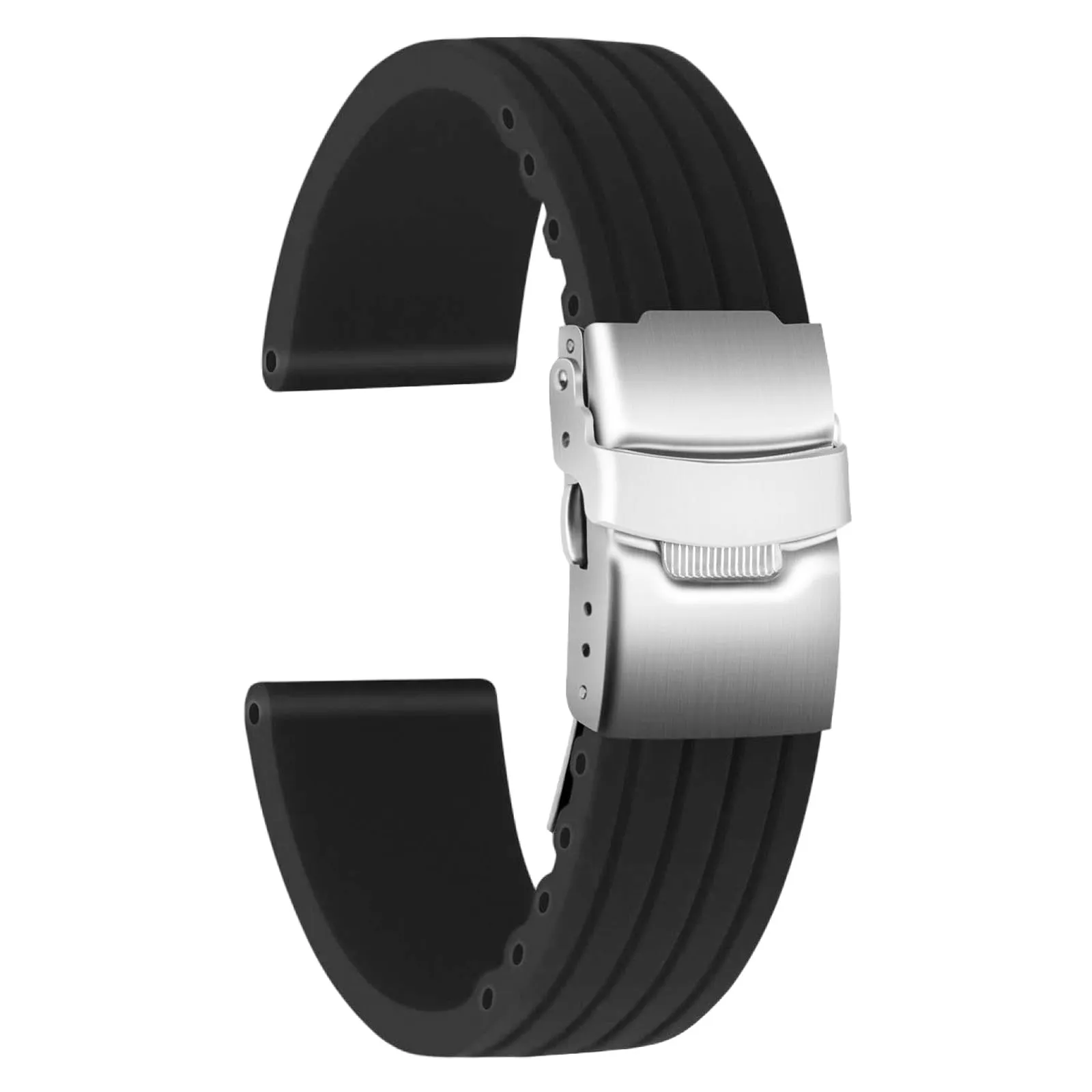 ULLCHRO Cinturini Orologi Impermeabile Orologi Bracciale Donna Uomo Stripe Pattern - 16mm, 18mm, 20mm, 22mm, 24mm Gomma Cinturino Orologio Acciaio inossidabile Fibbia Deployante (22mm, nero) - immagine 1