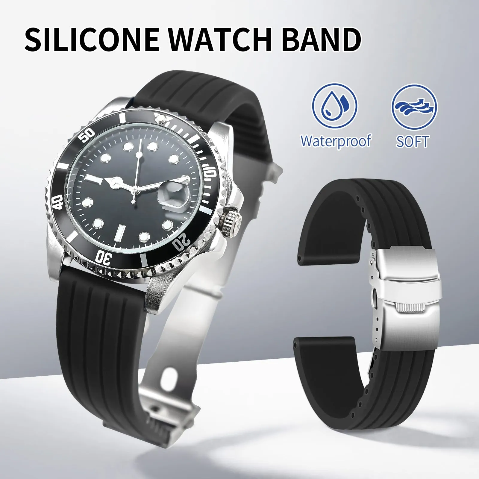 ULLCHRO Cinturini Orologi Impermeabile Orologi Bracciale Donna Uomo Stripe Pattern - 16mm, 18mm, 20mm, 22mm, 24mm Gomma Cinturino Orologio Acciaio inossidabile Fibbia Deployante (22mm, nero) - immagine 2