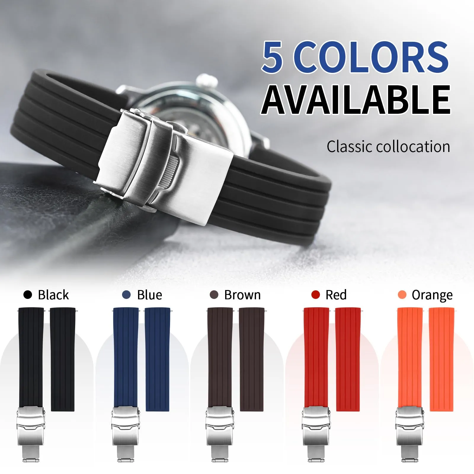 ULLCHRO Cinturini Orologi Impermeabile Orologi Bracciale Donna Uomo Stripe Pattern - 16mm, 18mm, 20mm, 22mm, 24mm Gomma Cinturino Orologio Acciaio inossidabile Fibbia Deployante (22mm, nero) - immagine 3