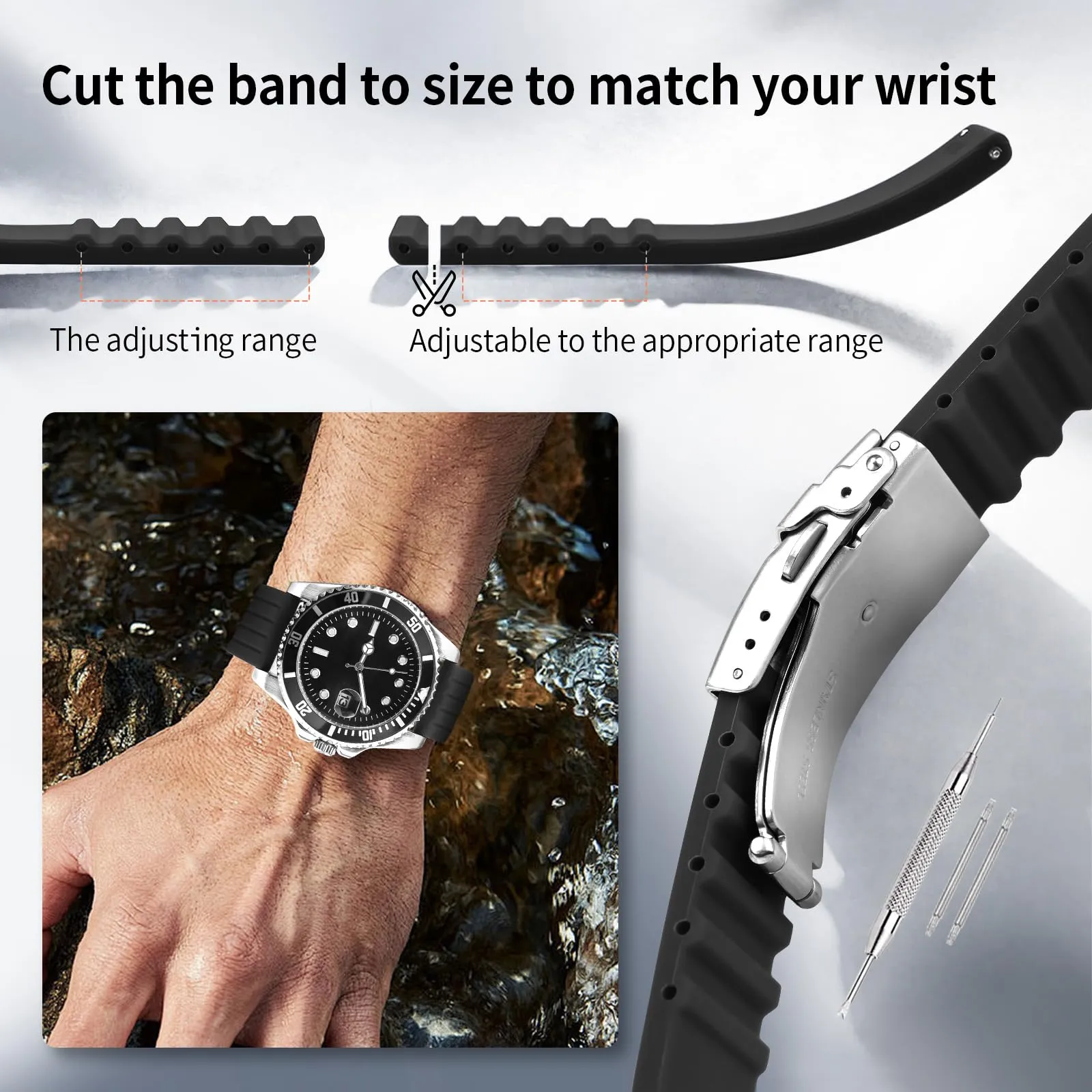 ULLCHRO Cinturini Orologi Impermeabile Orologi Bracciale Donna Uomo Stripe Pattern - 16mm, 18mm, 20mm, 22mm, 24mm Gomma Cinturino Orologio Acciaio inossidabile Fibbia Deployante (22mm, nero) - immagine 5