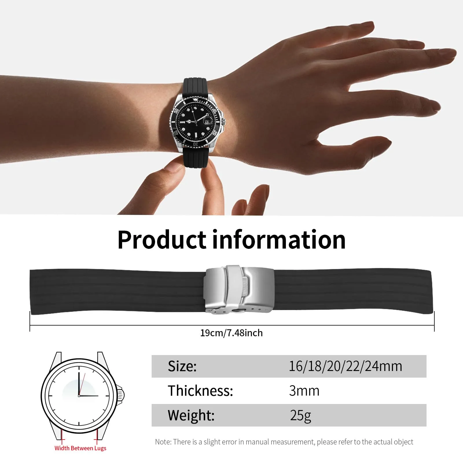 ULLCHRO Cinturini Orologi Impermeabile Orologi Bracciale Donna Uomo Stripe Pattern - 16mm, 18mm, 20mm, 22mm, 24mm Gomma Cinturino Orologio Acciaio inossidabile Fibbia Deployante (22mm, nero) - immagine 6