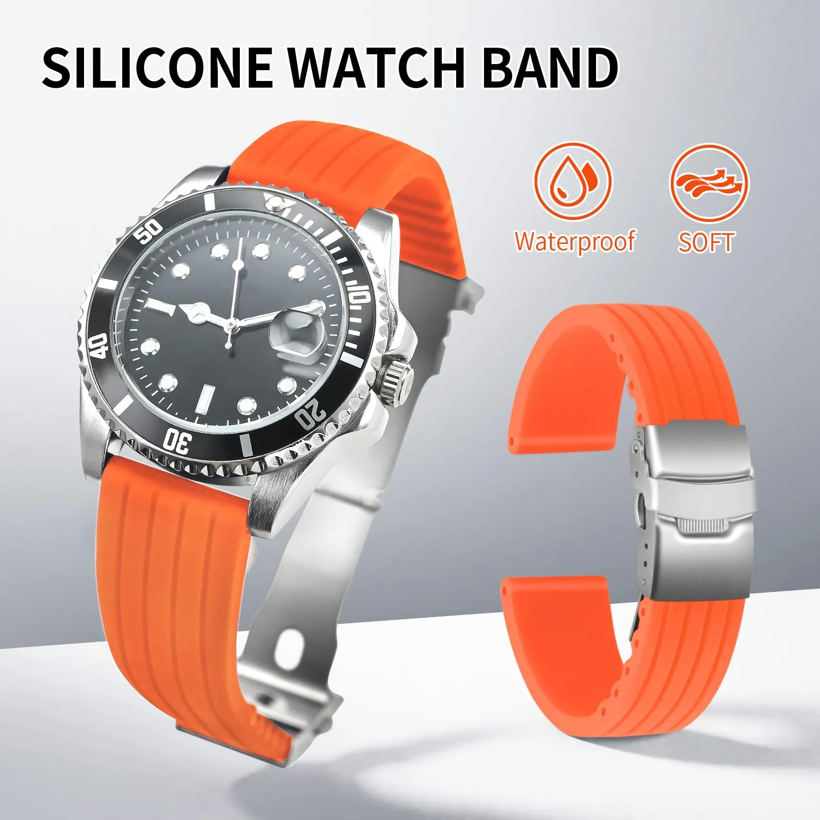 ULLCHRO Bracelet Montre Haute Qualité Remplacer Silicone Bracelet Montre Link Pattern - 16mm, 18mm, 20mm, 22mm, 24mm Caoutchouc Watch Straps Boucle Déployante Acier inoxydable (18mm, arancione) - immagine 2