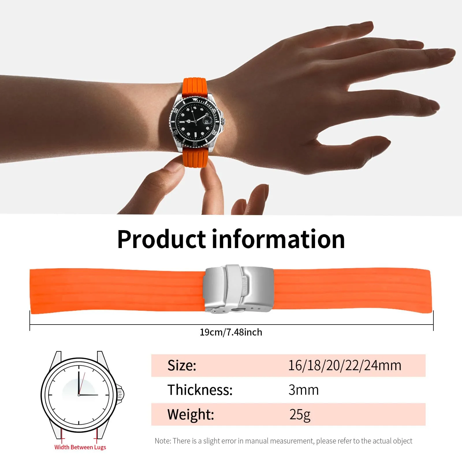 ULLCHRO Bracelet Montre Haute Qualité Remplacer Silicone Bracelet Montre Link Pattern - 16mm, 18mm, 20mm, 22mm, 24mm Caoutchouc Watch Straps Boucle Déployante Acier inoxydable (18mm, arancione) - immagine 6