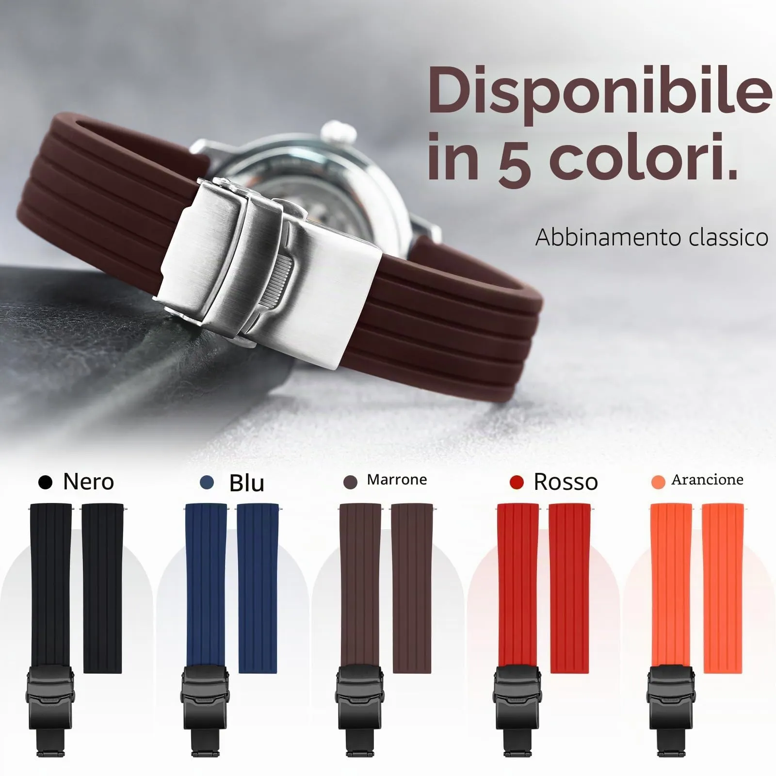 ULLCHRO Cinturini Orologi Impermeabile Orologi Bracciale Donna Uomo Stripe Pattern - 16mm, 18mm, 20mm, 22mm, 24mm Gomma Cinturino Orologio Acciaio inossidabile Fibbia Deployante (22mm, marrone) - immagine 3