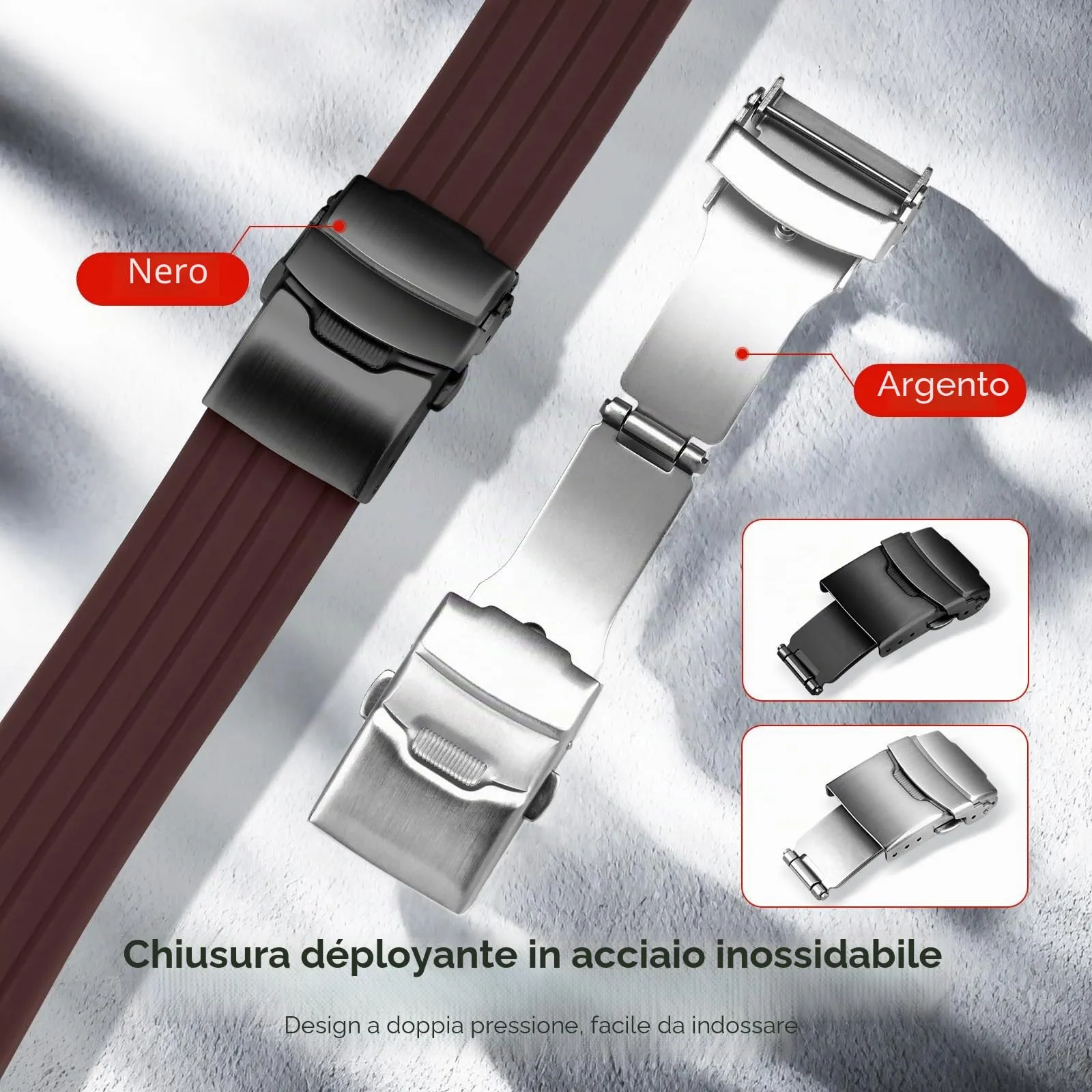ULLCHRO Cinturini Orologi Impermeabile Orologi Bracciale Donna Uomo Stripe Pattern - 16mm, 18mm, 20mm, 22mm, 24mm Gomma Cinturino Orologio Acciaio inossidabile Fibbia Deployante (22mm, marrone) - immagine 4