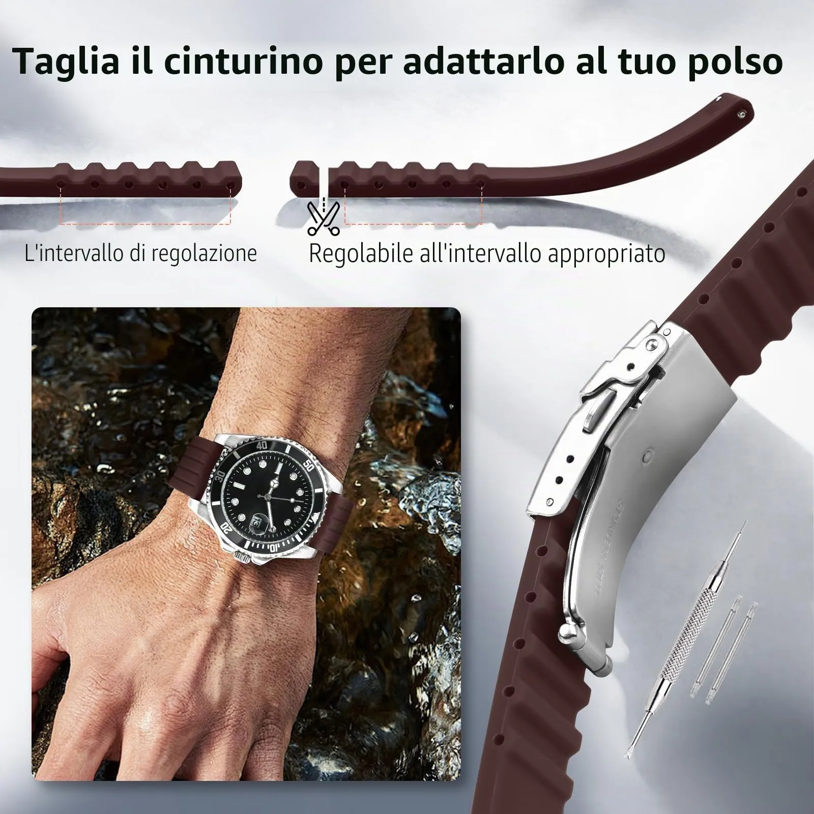 ULLCHRO Cinturini Orologi Impermeabile Orologi Bracciale Donna Uomo Stripe Pattern - 16mm, 18mm, 20mm, 22mm, 24mm Gomma Cinturino Orologio Acciaio inossidabile Fibbia Deployante (22mm, marrone) - immagine 5