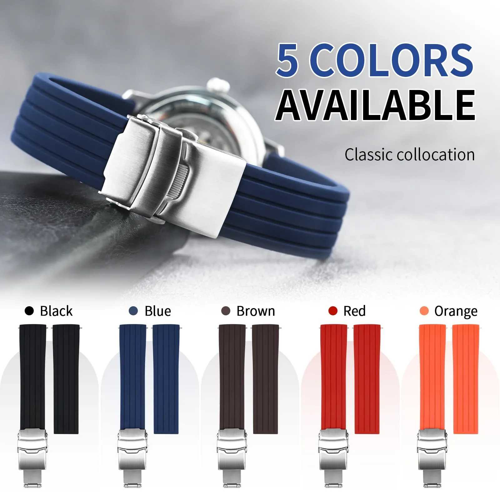 ULLCHRO Cinturini Orologi Impermeabile Orologi Bracciale Donna Uomo Stripe Pattern - 16mm, 18mm, 20mm, 22mm, 24mm Gomma Cinturino Orologio Acciaio inossidabile Fibbia Deployante (24mm, blu) - immagine 3