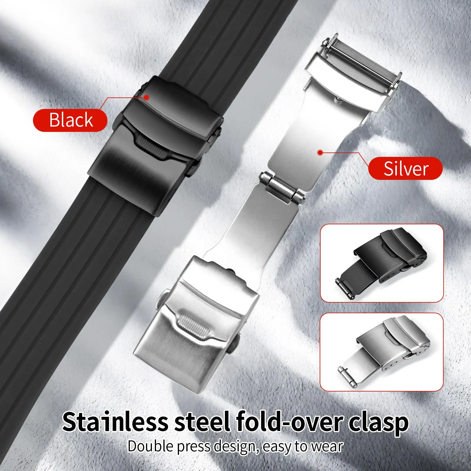 ULLCHRO Cinturini Orologi Impermeabile Orologi Bracciale Donna Uomo Stripe Pattern - 16mm, 18mm, 20mm, 22mm, 24mm Gomma Cinturino Orologio Acciaio inossidabile Fibbia Deployante (20mm, nero) - immagine 4