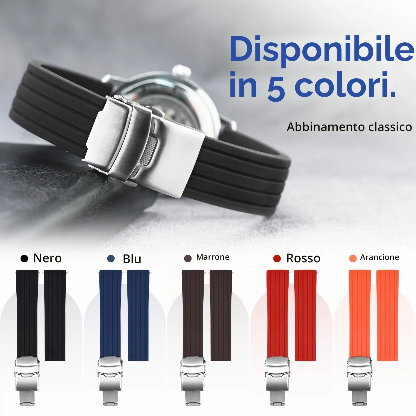 ULLCHRO Cinturini Orologi Impermeabile Orologi Bracciale Donna Uomo Stripe Pattern - 16mm, 18mm, 20mm, 22mm, 24mm Gomma Cinturino Orologio Acciaio inossidabile Fibbia Deployante (24mm, nero) - immagine 3