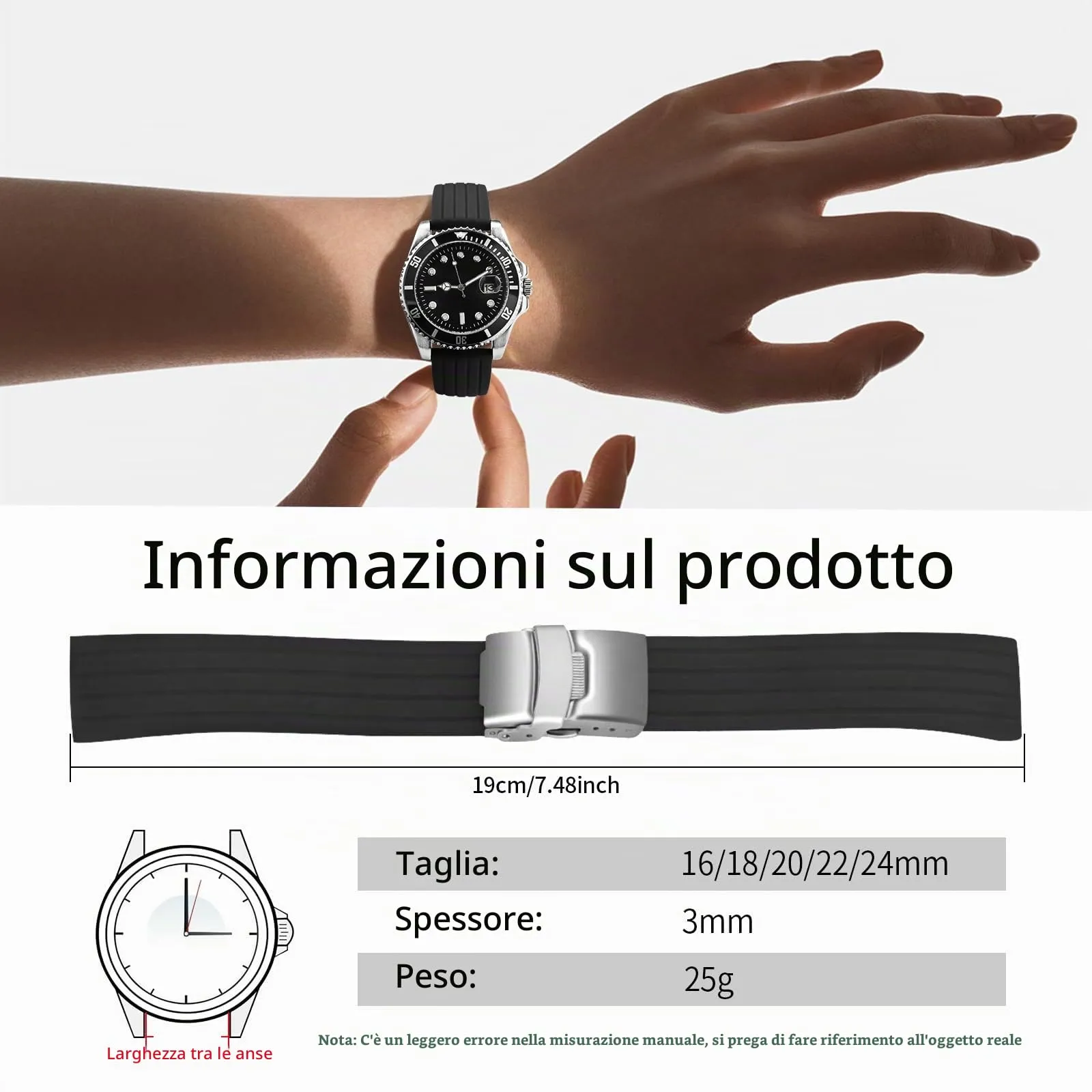 ULLCHRO Cinturini Orologi Impermeabile Orologi Bracciale Donna Uomo Stripe Pattern - 16mm, 18mm, 20mm, 22mm, 24mm Gomma Cinturino Orologio Acciaio inossidabile Fibbia Deployante (24mm, nero) - immagine 6