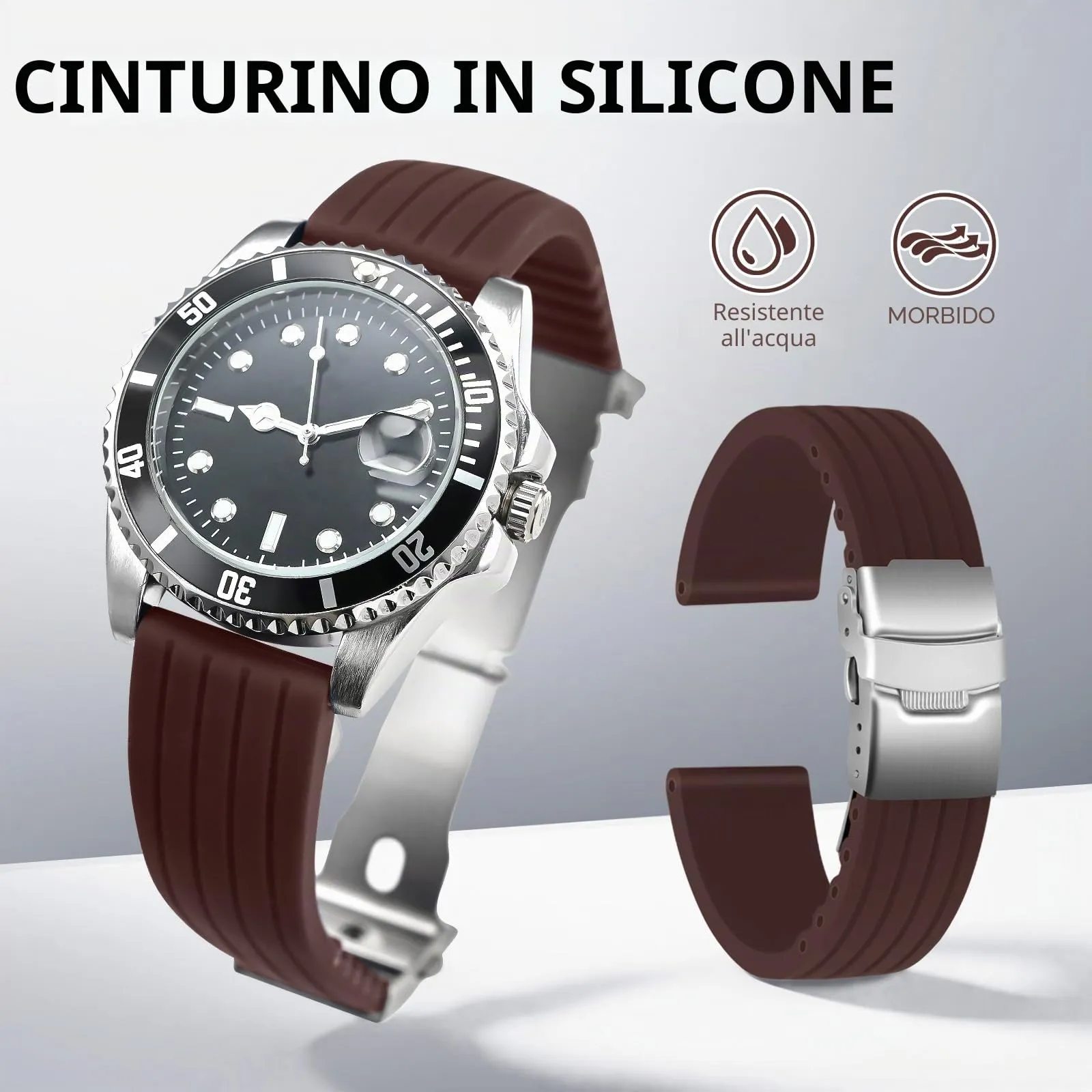 ULLCHRO Cinturini Orologi Impermeabile Orologi Bracciale Donna Uomo Stripe Pattern - 16mm, 18mm, 20mm, 22mm, 24mm Gomma Cinturino Orologio Acciaio inossidabile Fibbia Deployante (20mm, marrone) - immagine 2