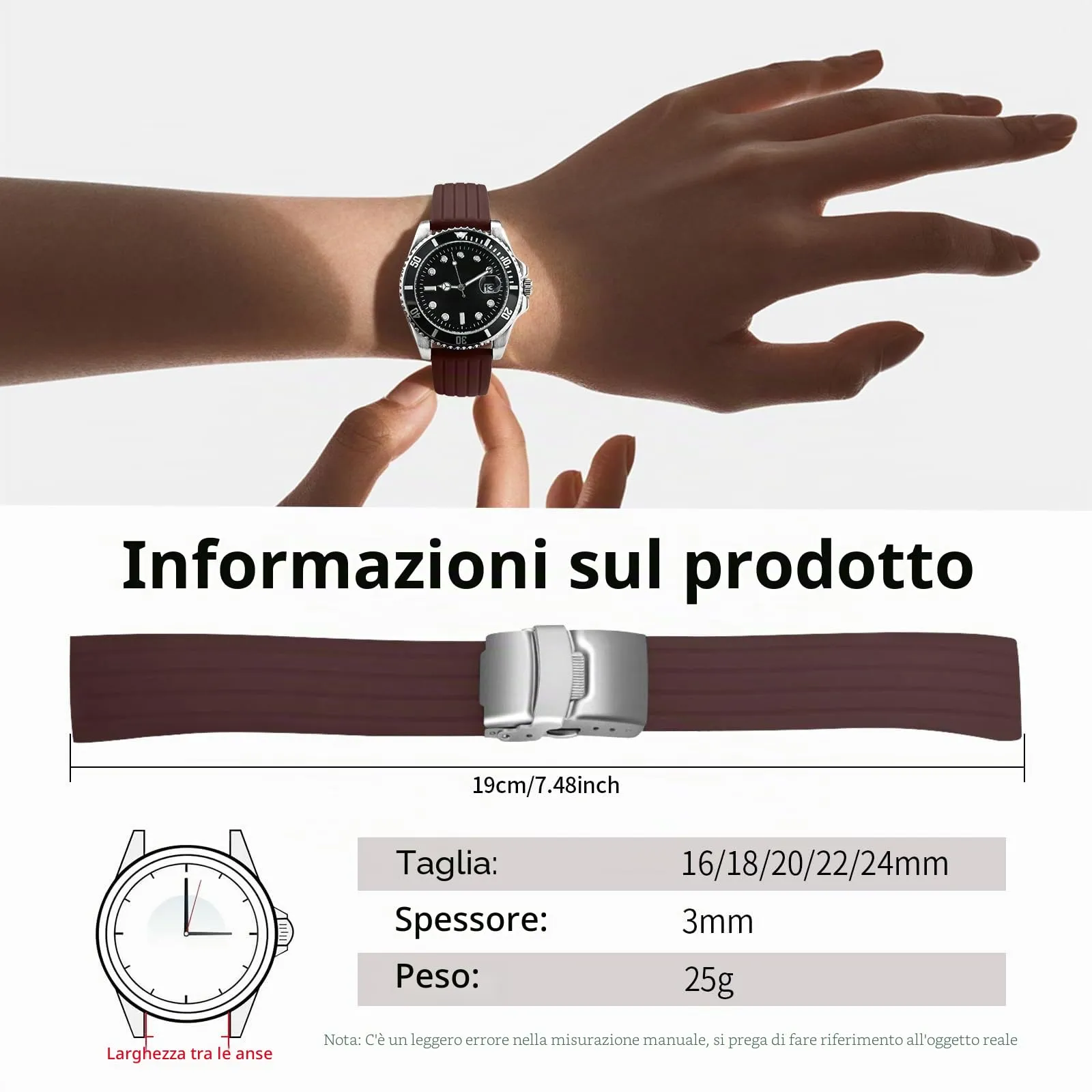 ULLCHRO Cinturini Orologi Impermeabile Orologi Bracciale Donna Uomo Stripe Pattern - 16mm, 18mm, 20mm, 22mm, 24mm Gomma Cinturino Orologio Acciaio inossidabile Fibbia Deployante (20mm, marrone) - immagine 6