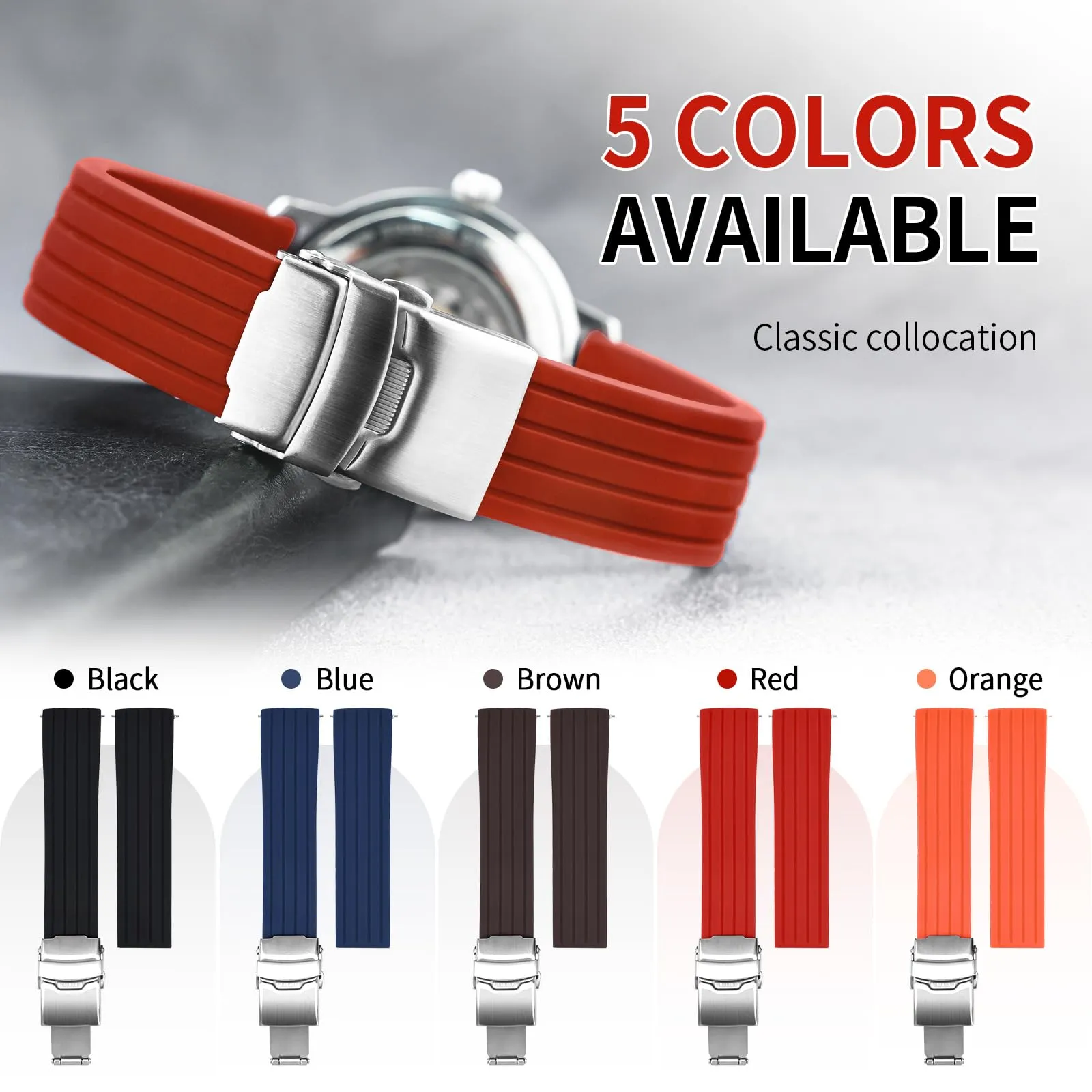 ULLCHRO Cinturini Orologi Impermeabile Orologi Bracciale Donna Uomo Stripe Pattern - 16mm, 18mm, 20mm, 22mm, 24mm Gomma Cinturino Orologio Acciaio inossidabile Fibbia Deployante (16mm, rosso) - immagine 3
