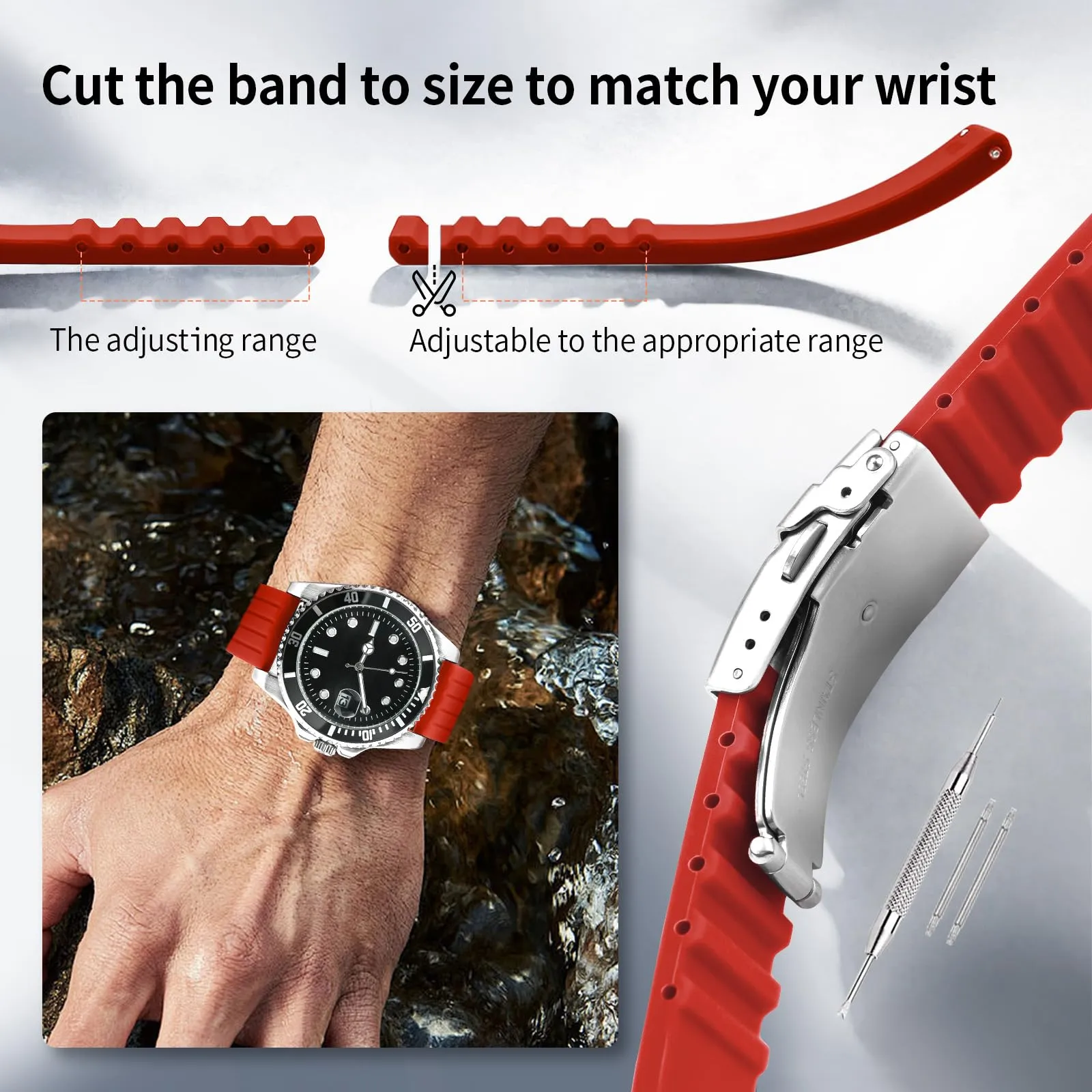 ULLCHRO Cinturini Orologi Impermeabile Orologi Bracciale Donna Uomo Stripe Pattern - 16mm, 18mm, 20mm, 22mm, 24mm Gomma Cinturino Orologio Acciaio inossidabile Fibbia Deployante (16mm, rosso) - immagine 5