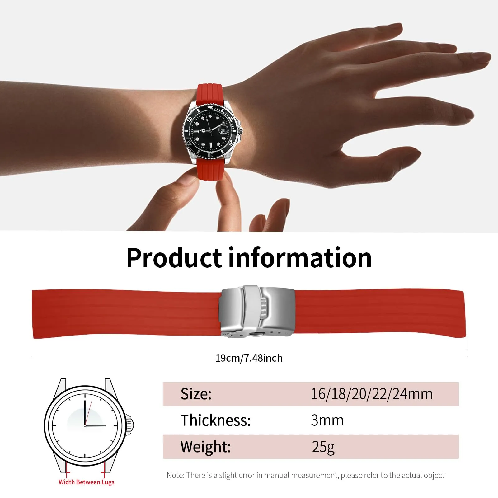 ULLCHRO Cinturini Orologi Impermeabile Orologi Bracciale Donna Uomo Stripe Pattern - 16mm, 18mm, 20mm, 22mm, 24mm Gomma Cinturino Orologio Acciaio inossidabile Fibbia Deployante (16mm, rosso) - immagine 6