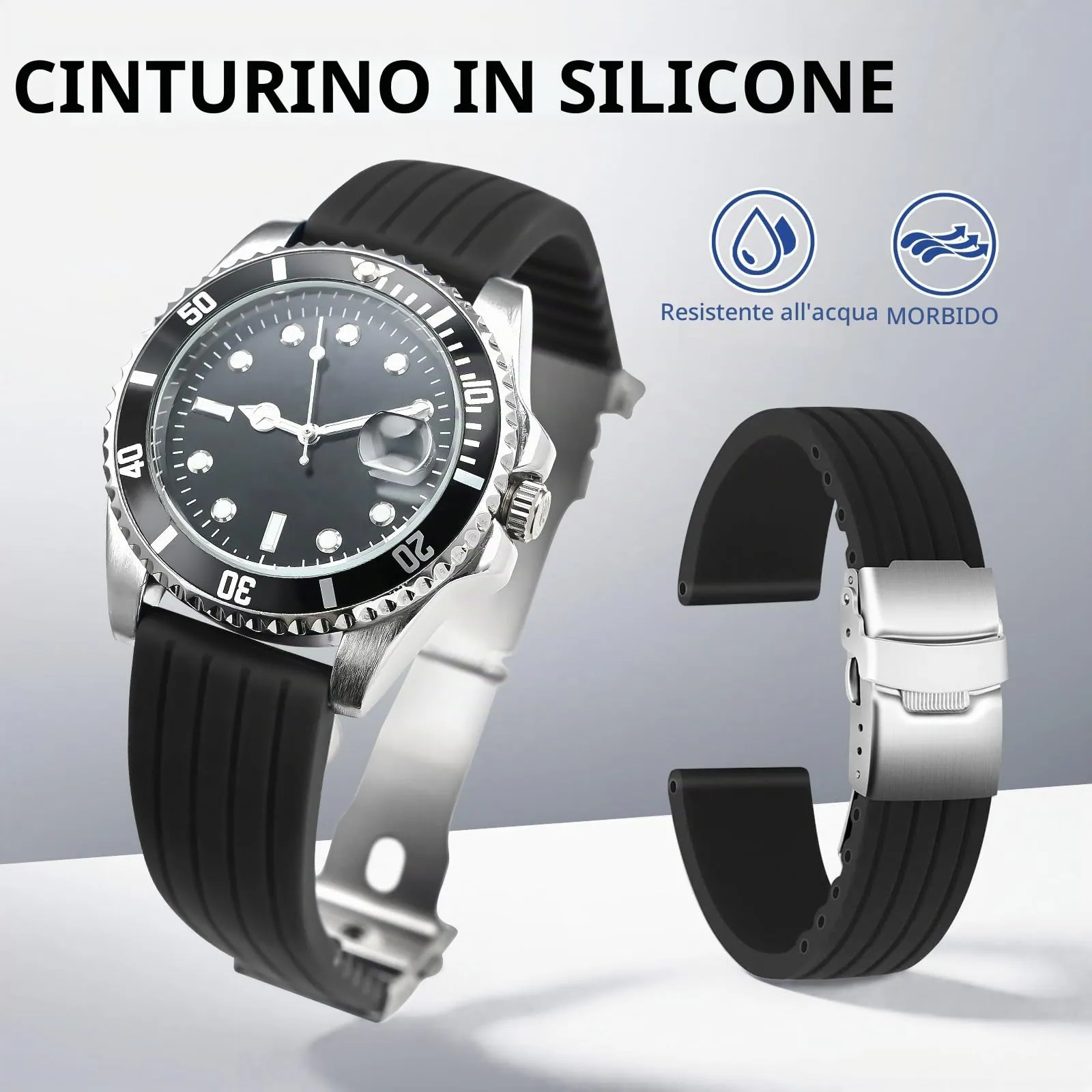 ULLCHRO Cinturini Orologi Impermeabile Orologi Bracciale Donna Uomo Stripe Pattern - 16mm, 18mm, 20mm, 22mm, 24mm Gomma Cinturino Orologio Acciaio inossidabile Fibbia Deployante (16mm, nero) - immagine 2