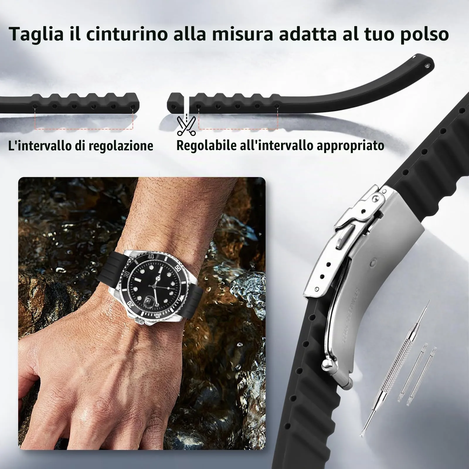 ULLCHRO Cinturini Orologi Impermeabile Orologi Bracciale Donna Uomo Stripe Pattern - 16mm, 18mm, 20mm, 22mm, 24mm Gomma Cinturino Orologio Acciaio inossidabile Fibbia Deployante (16mm, nero) - immagine 5