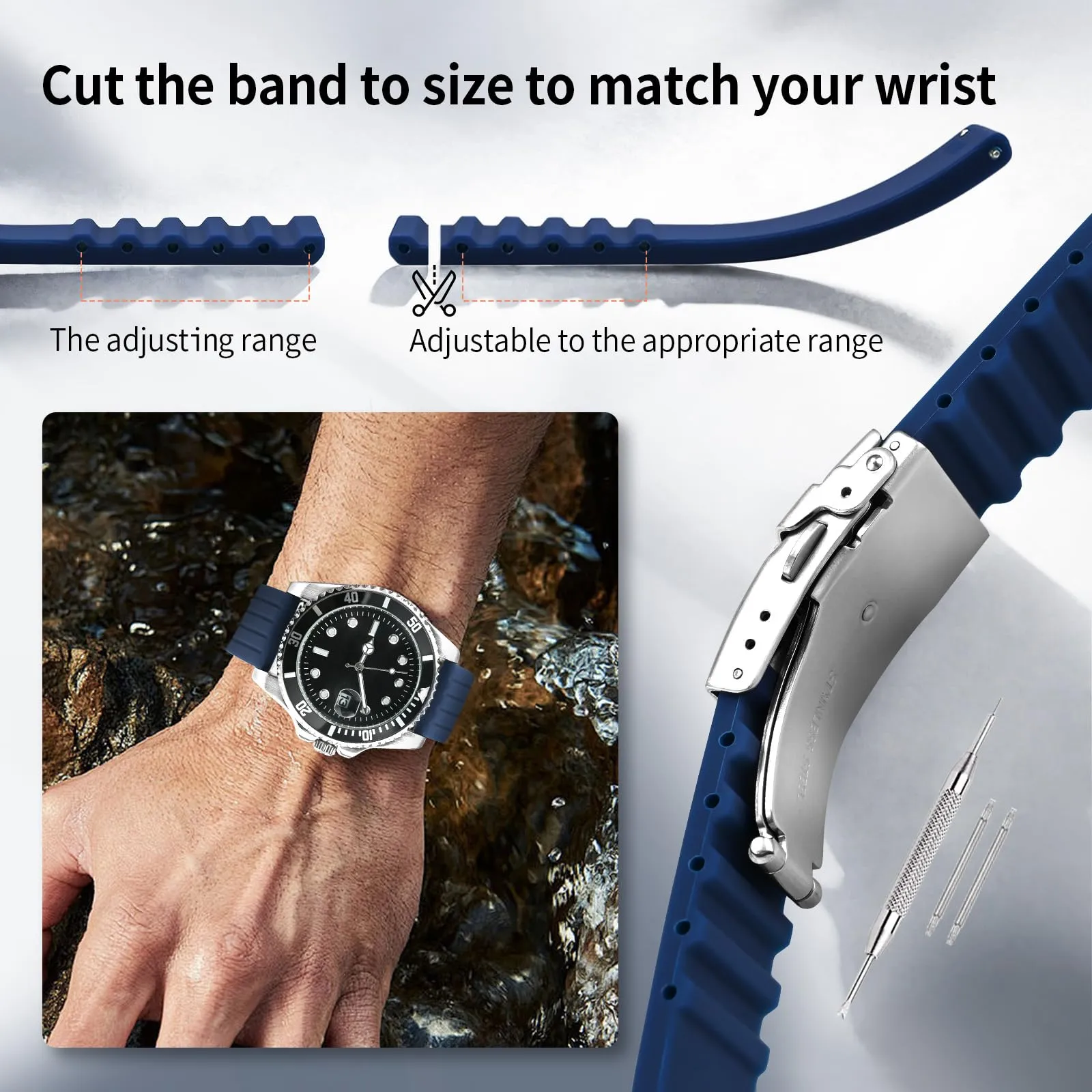 ULLCHRO Cinturini Orologi Impermeabile Orologi Bracciale Donna Uomo Stripe Pattern - 16mm, 18mm, 20mm, 22mm, 24mm Gomma Cinturino Orologio Acciaio inossidabile Fibbia Deployante (20mm, blu) - immagine 5