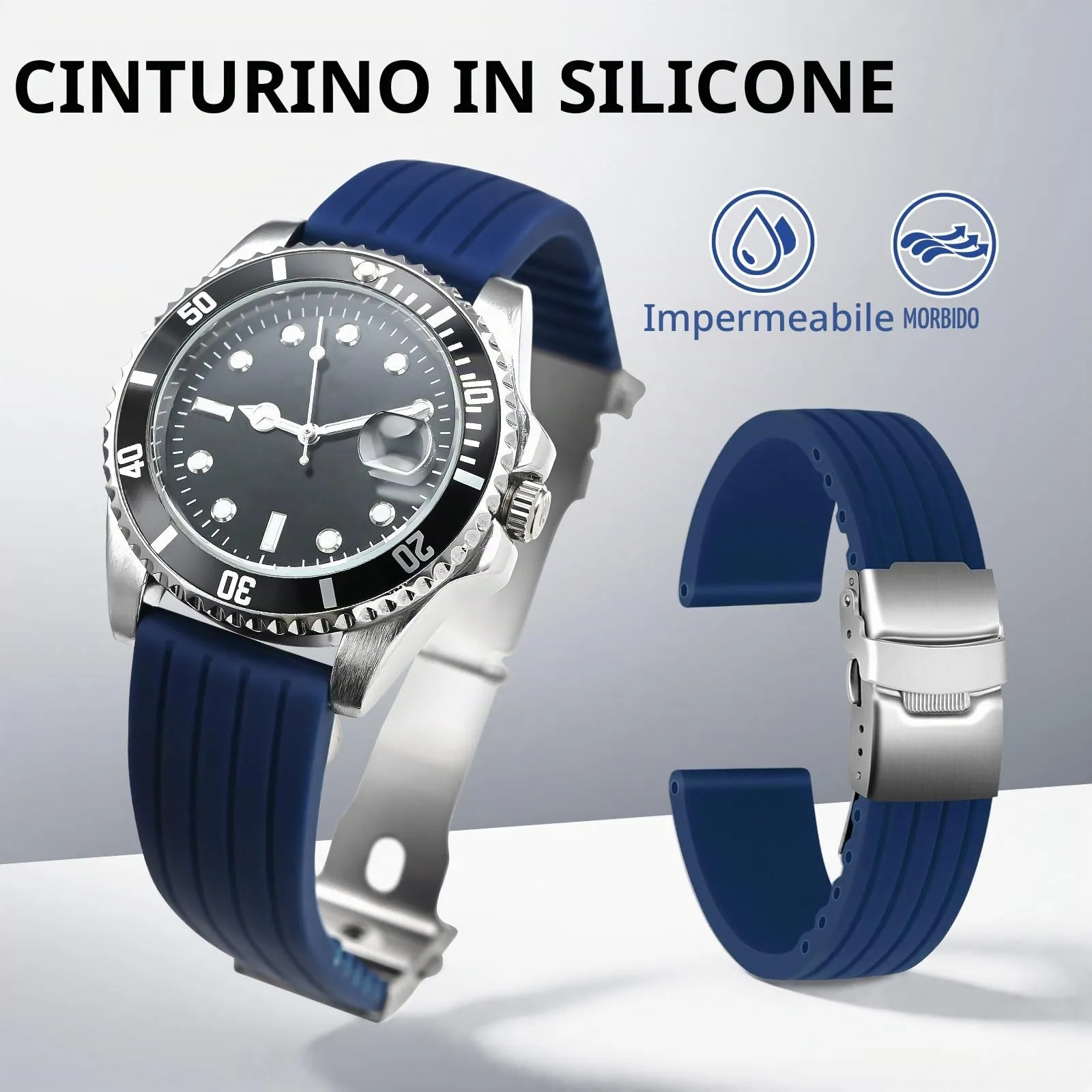 ULLCHRO Cinturini Orologi Impermeabile Orologi Bracciale Donna Uomo Stripe Pattern - 16mm, 18mm, 20mm, 22mm, 24mm Gomma Cinturino Orologio Acciaio inossidabile Fibbia Deployante (22mm, blu) - immagine 2