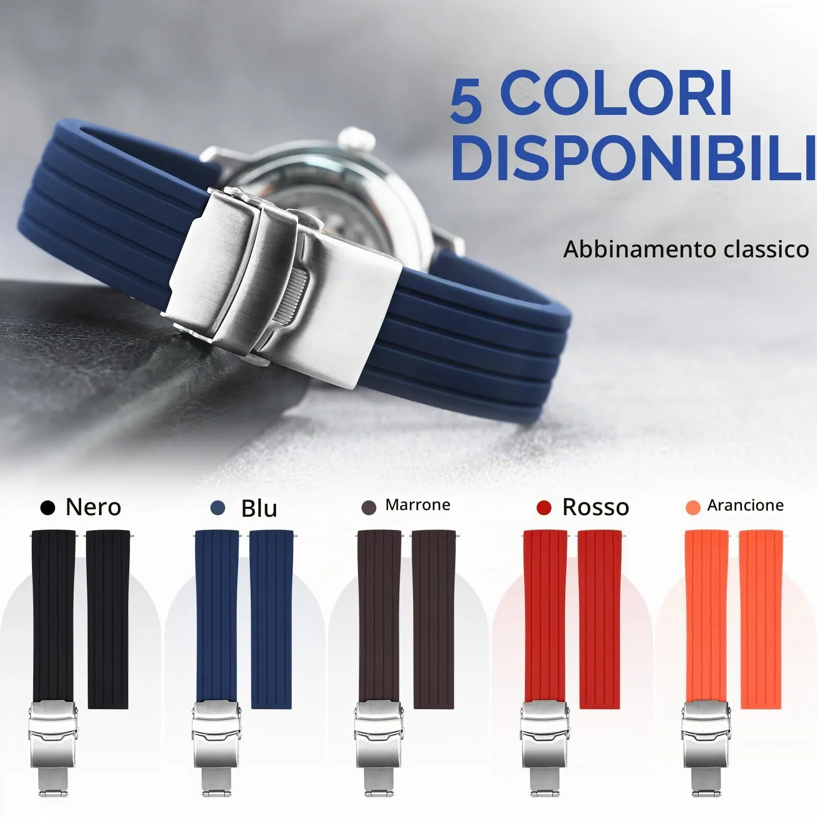 ULLCHRO Cinturini Orologi Impermeabile Orologi Bracciale Donna Uomo Stripe Pattern - 16mm, 18mm, 20mm, 22mm, 24mm Gomma Cinturino Orologio Acciaio inossidabile Fibbia Deployante (22mm, blu) - immagine 3