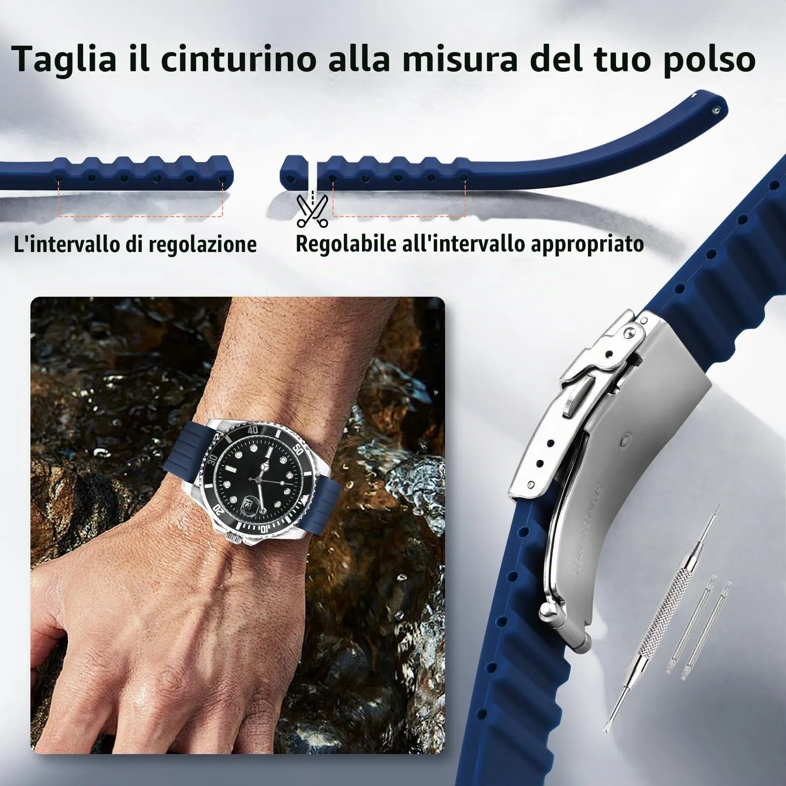 ULLCHRO Cinturini Orologi Impermeabile Orologi Bracciale Donna Uomo Stripe Pattern - 16mm, 18mm, 20mm, 22mm, 24mm Gomma Cinturino Orologio Acciaio inossidabile Fibbia Deployante (22mm, blu) - immagine 5