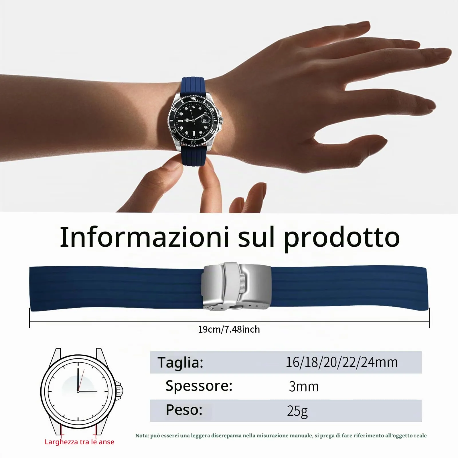 ULLCHRO Cinturini Orologi Impermeabile Orologi Bracciale Donna Uomo Stripe Pattern - 16mm, 18mm, 20mm, 22mm, 24mm Gomma Cinturino Orologio Acciaio inossidabile Fibbia Deployante (22mm, blu) - immagine 6