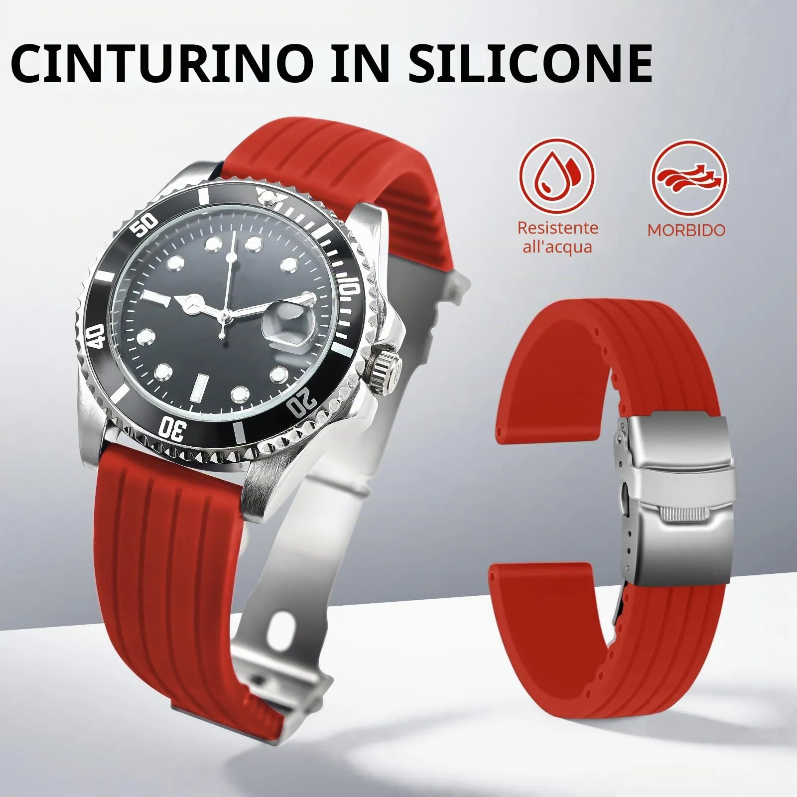 ULLCHRO Cinturini Orologi Impermeabile Orologi Bracciale Donna Uomo Stripe Pattern - 16mm, 18mm, 20mm, 22mm, 24mm Gomma Cinturino Orologio Acciaio inossidabile Fibbia Deployante (18mm, rosso) - immagine 2