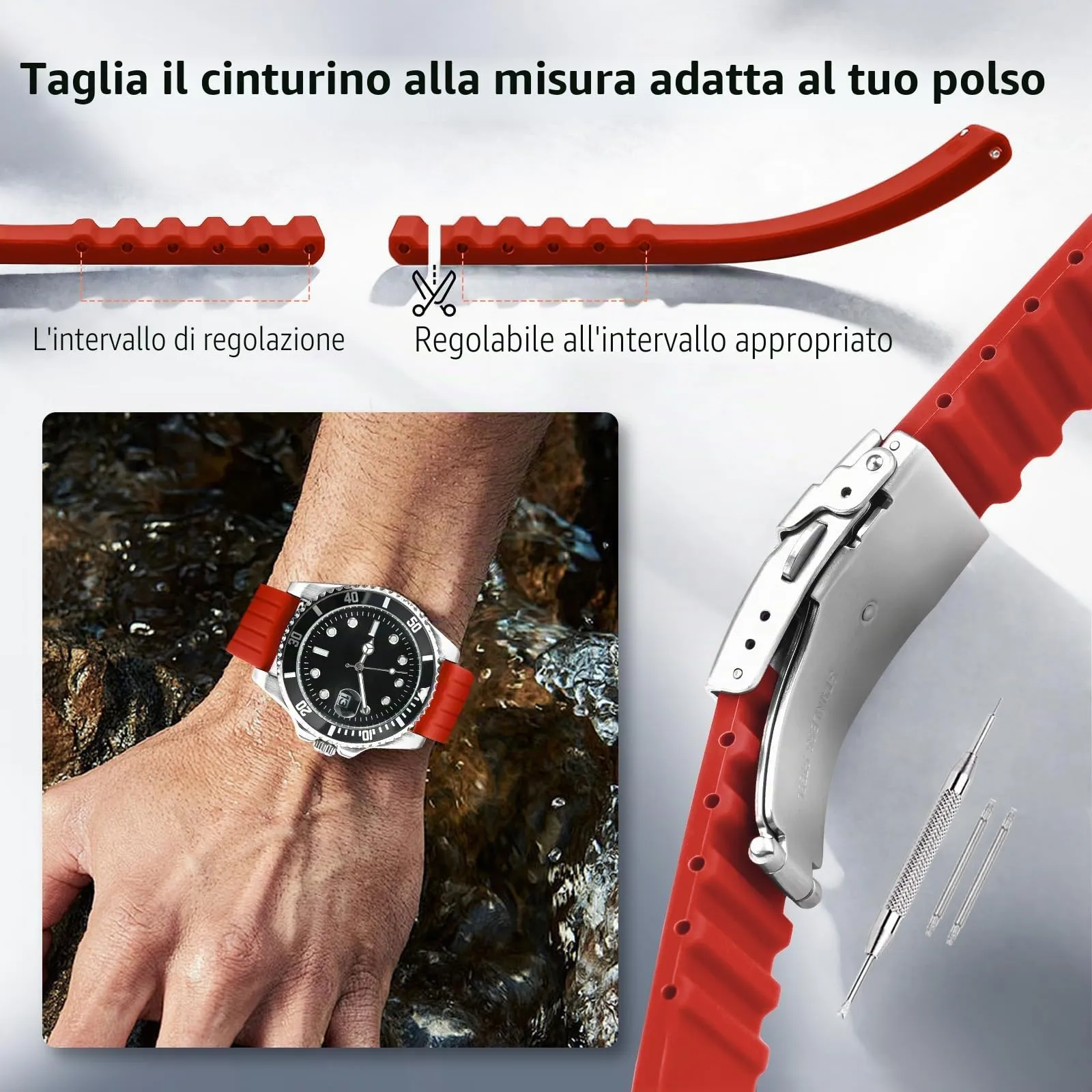 ULLCHRO Cinturini Orologi Impermeabile Orologi Bracciale Donna Uomo Stripe Pattern - 16mm, 18mm, 20mm, 22mm, 24mm Gomma Cinturino Orologio Acciaio inossidabile Fibbia Deployante (18mm, rosso) - immagine 5