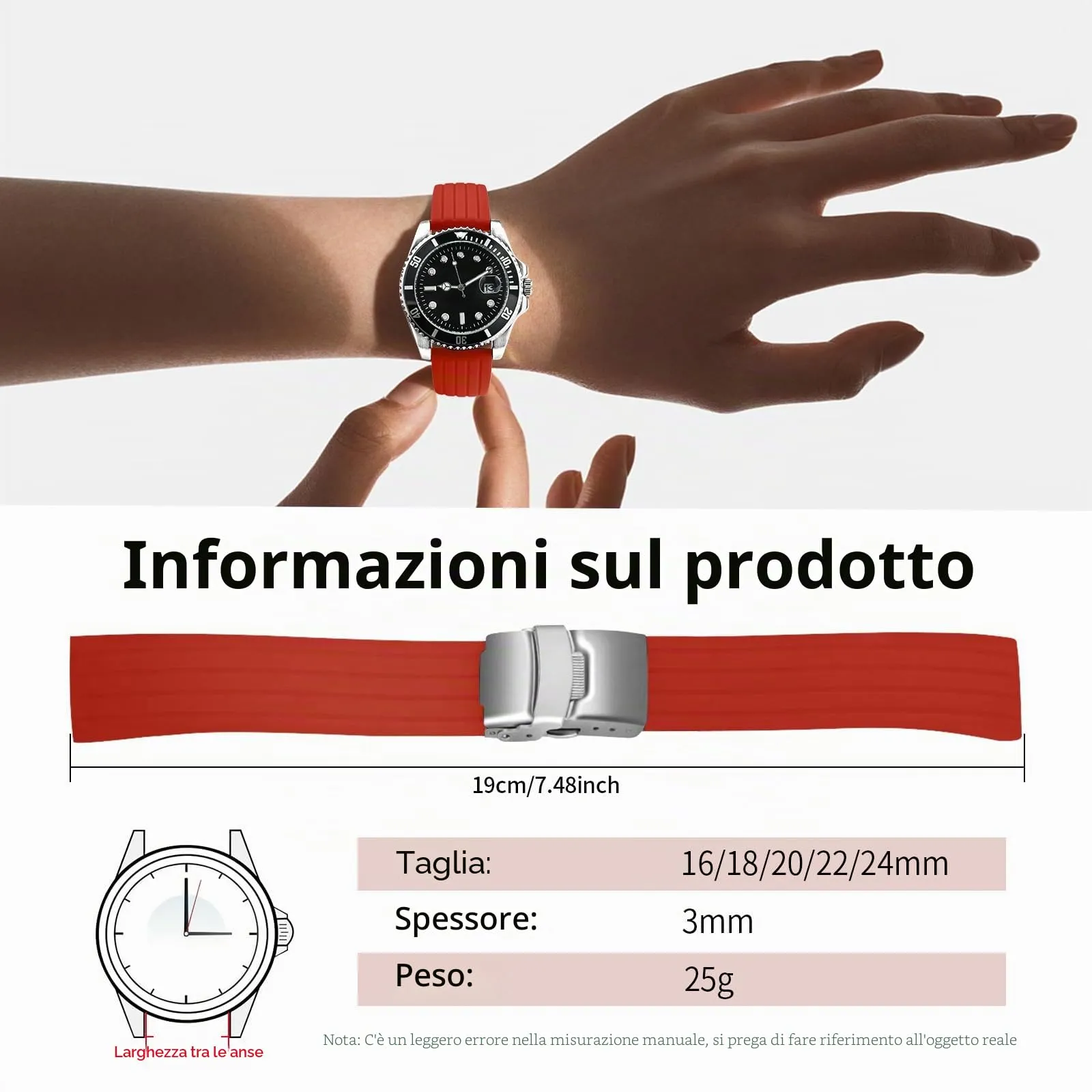 ULLCHRO Cinturini Orologi Impermeabile Orologi Bracciale Donna Uomo Stripe Pattern - 16mm, 18mm, 20mm, 22mm, 24mm Gomma Cinturino Orologio Acciaio inossidabile Fibbia Deployante (18mm, rosso) - immagine 6