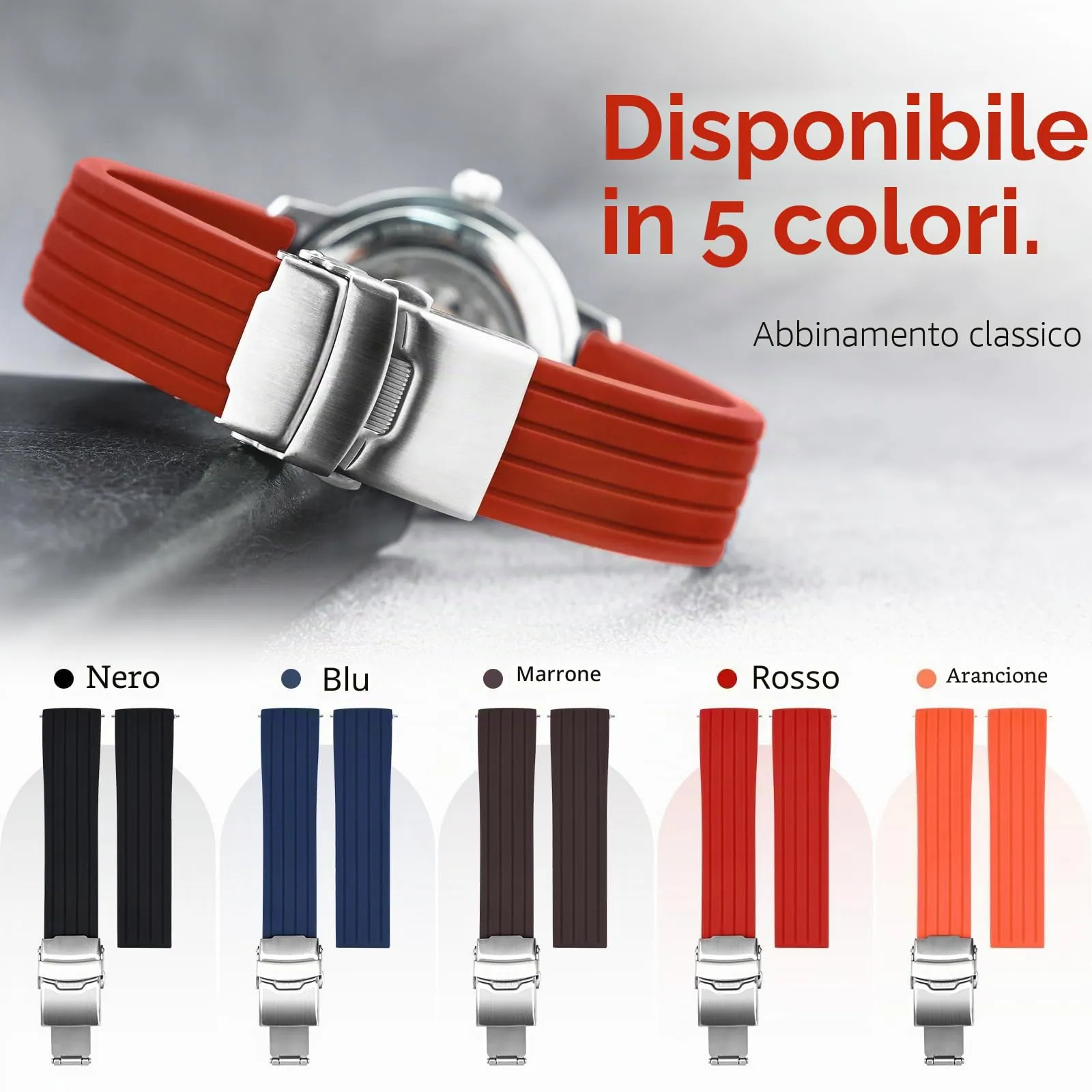 ULLCHRO Cinturini Orologi Impermeabile Orologi Bracciale Donna Uomo Stripe Pattern - 16mm, 18mm, 20mm, 22mm, 24mm Gomma Cinturino Orologio Acciaio inossidabile Fibbia Deployante (24mm, rosso) - immagine 3