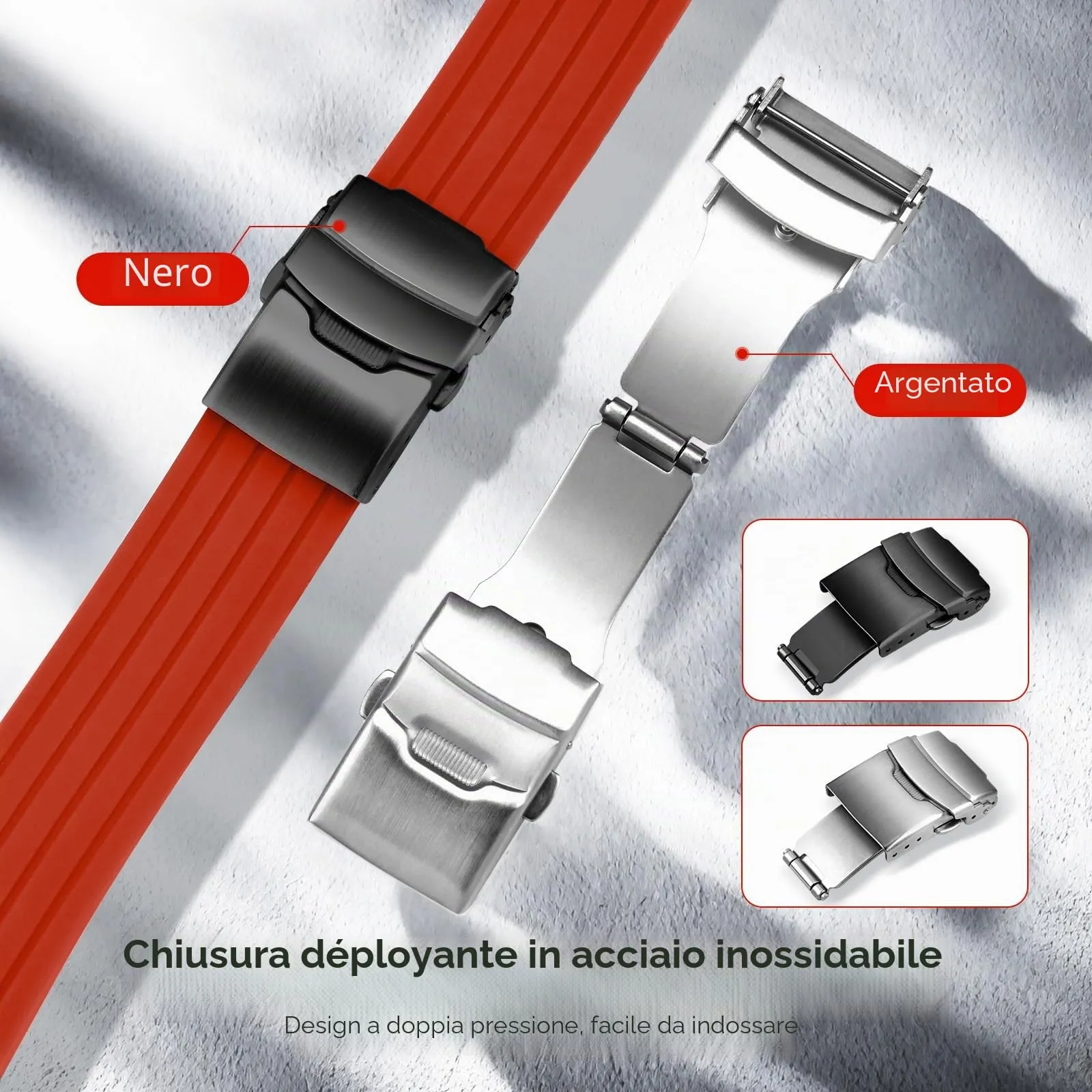ULLCHRO Cinturini Orologi Impermeabile Orologi Bracciale Donna Uomo Stripe Pattern - 16mm, 18mm, 20mm, 22mm, 24mm Gomma Cinturino Orologio Acciaio inossidabile Fibbia Deployante (24mm, rosso) - immagine 4