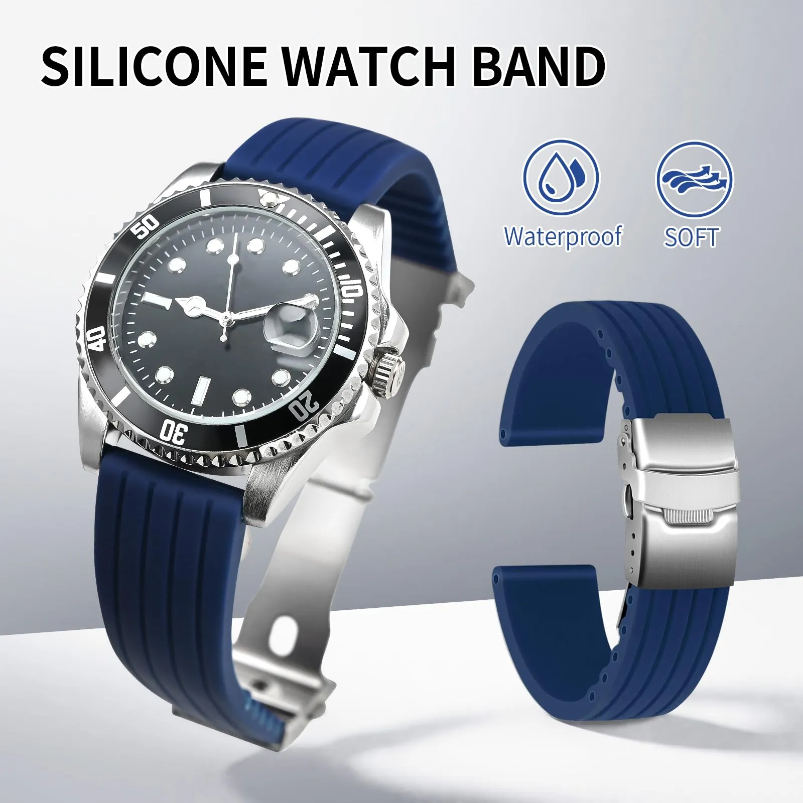 ULLCHRO Cinturini Orologi Impermeabile Orologi Bracciale Donna Uomo Stripe Pattern - 16mm, 18mm, 20mm, 22mm, 24mm Gomma Cinturino Orologio Acciaio inossidabile Fibbia Deployante (16mm, blu) - immagine 2