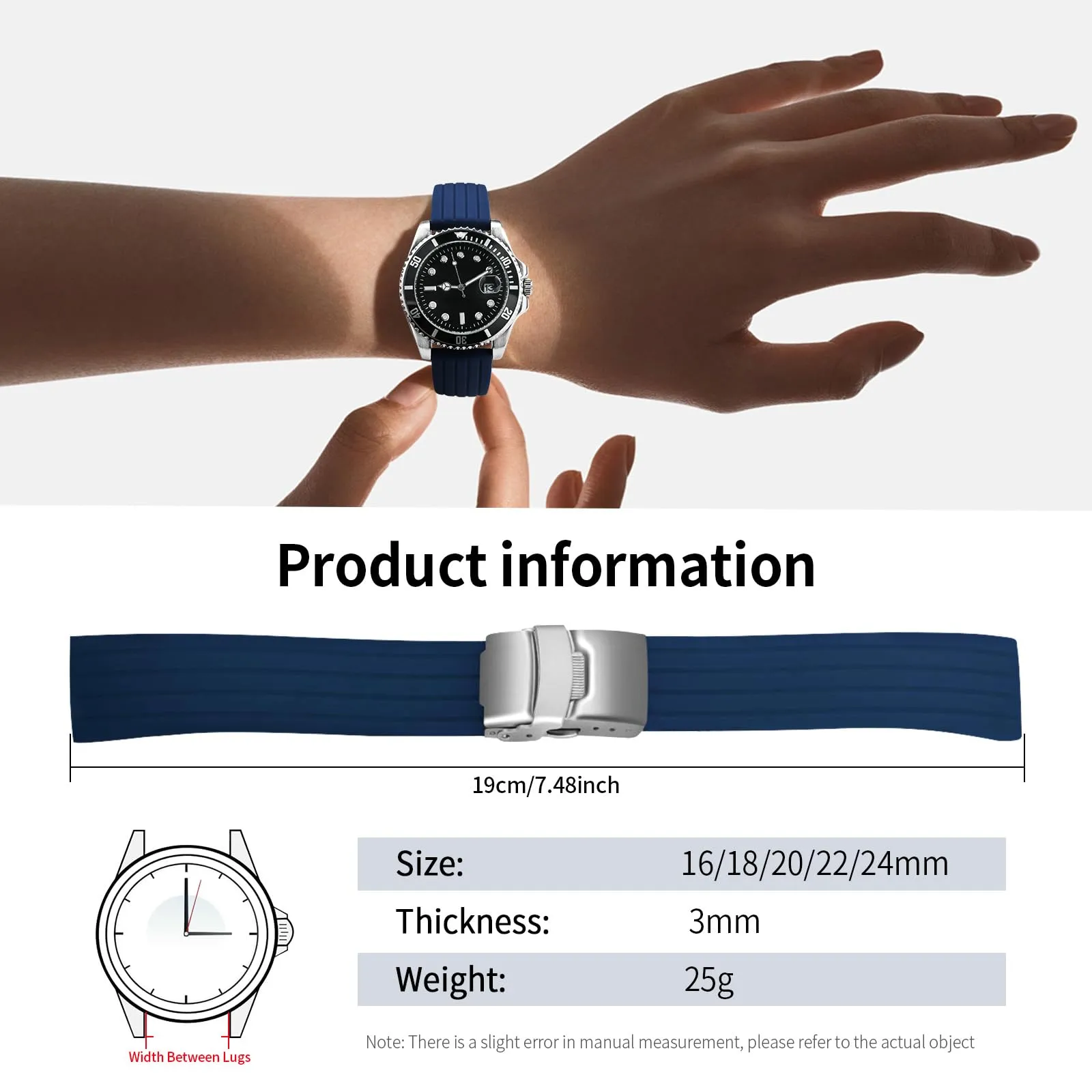 ULLCHRO Cinturini Orologi Impermeabile Orologi Bracciale Donna Uomo Stripe Pattern - 16mm, 18mm, 20mm, 22mm, 24mm Gomma Cinturino Orologio Acciaio inossidabile Fibbia Deployante (16mm, blu) - immagine 6