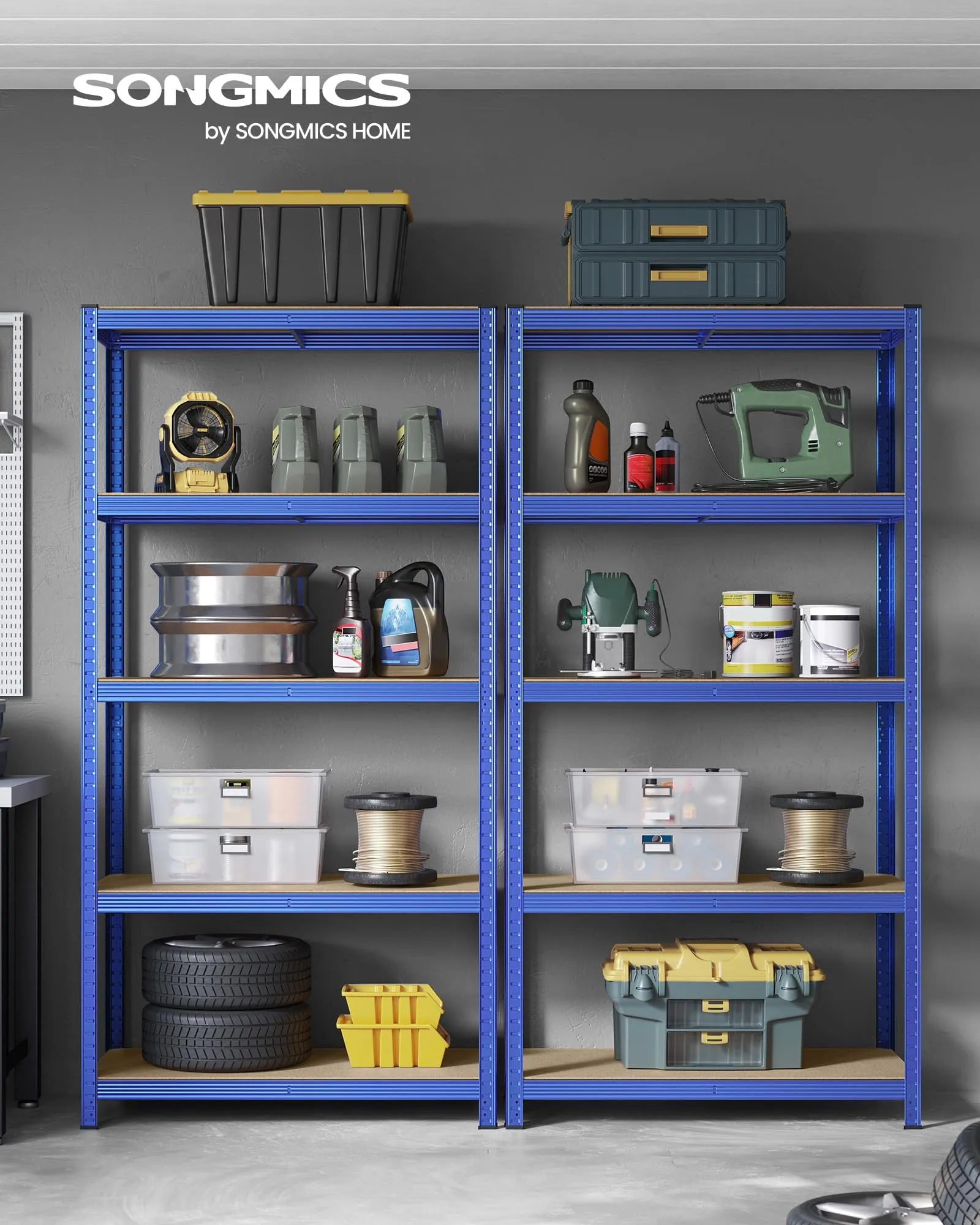 SONGMICS Set di 2 Scaffali in Metallo, Scaffalature a 5 Ripiani Regolabili, Senza Viti, Scaffale Salvaspazio per Garage, Magazzino, Portante 600 kg, 50 x 100 x 200 cm, Blu GLR050Q02 - immagine 2