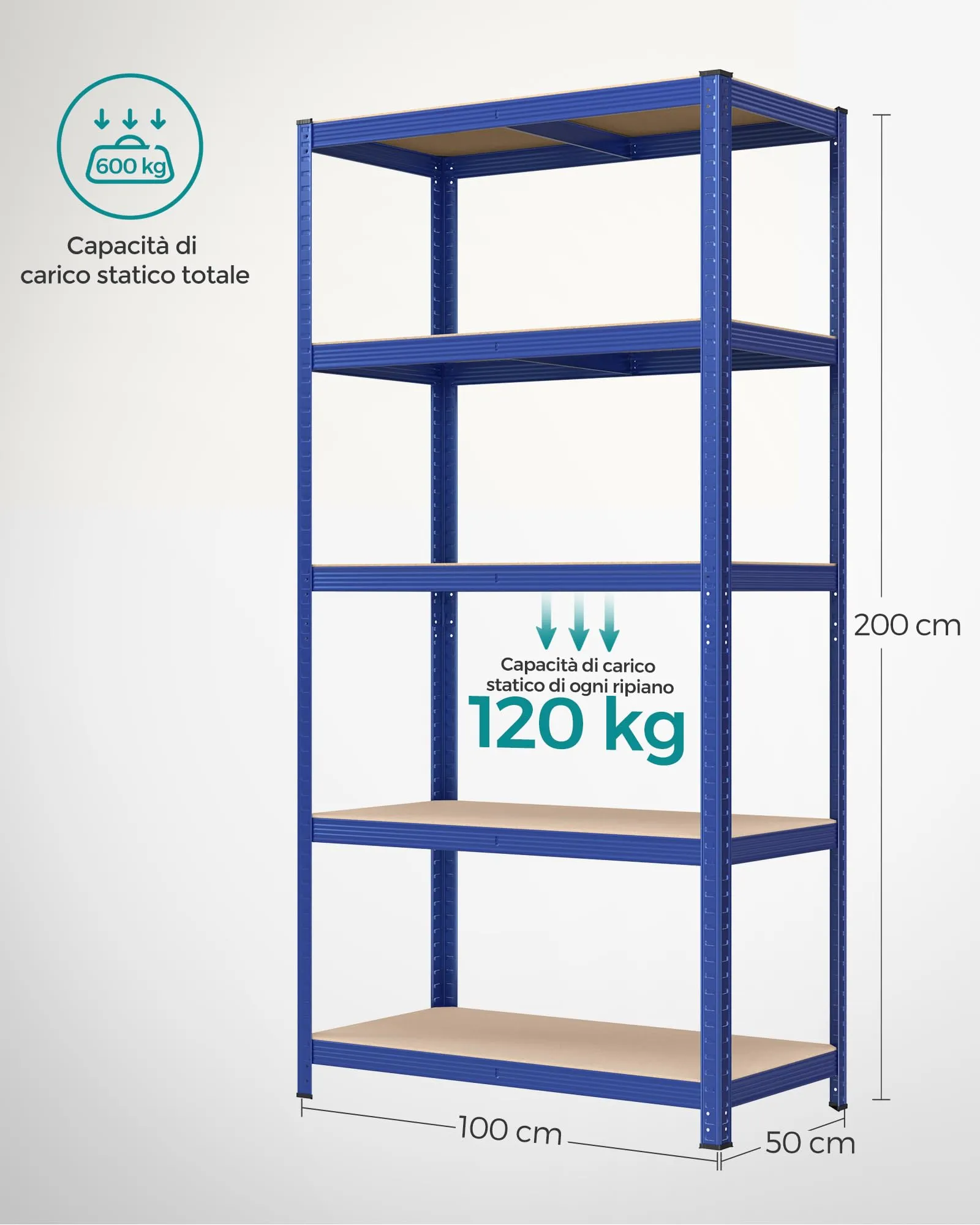 SONGMICS Set di 2 Scaffali in Metallo, Scaffalature a 5 Ripiani Regolabili, Senza Viti, Scaffale Salvaspazio per Garage, Magazzino, Portante 600 kg, 50 x 100 x 200 cm, Blu GLR050Q02 - immagine 3