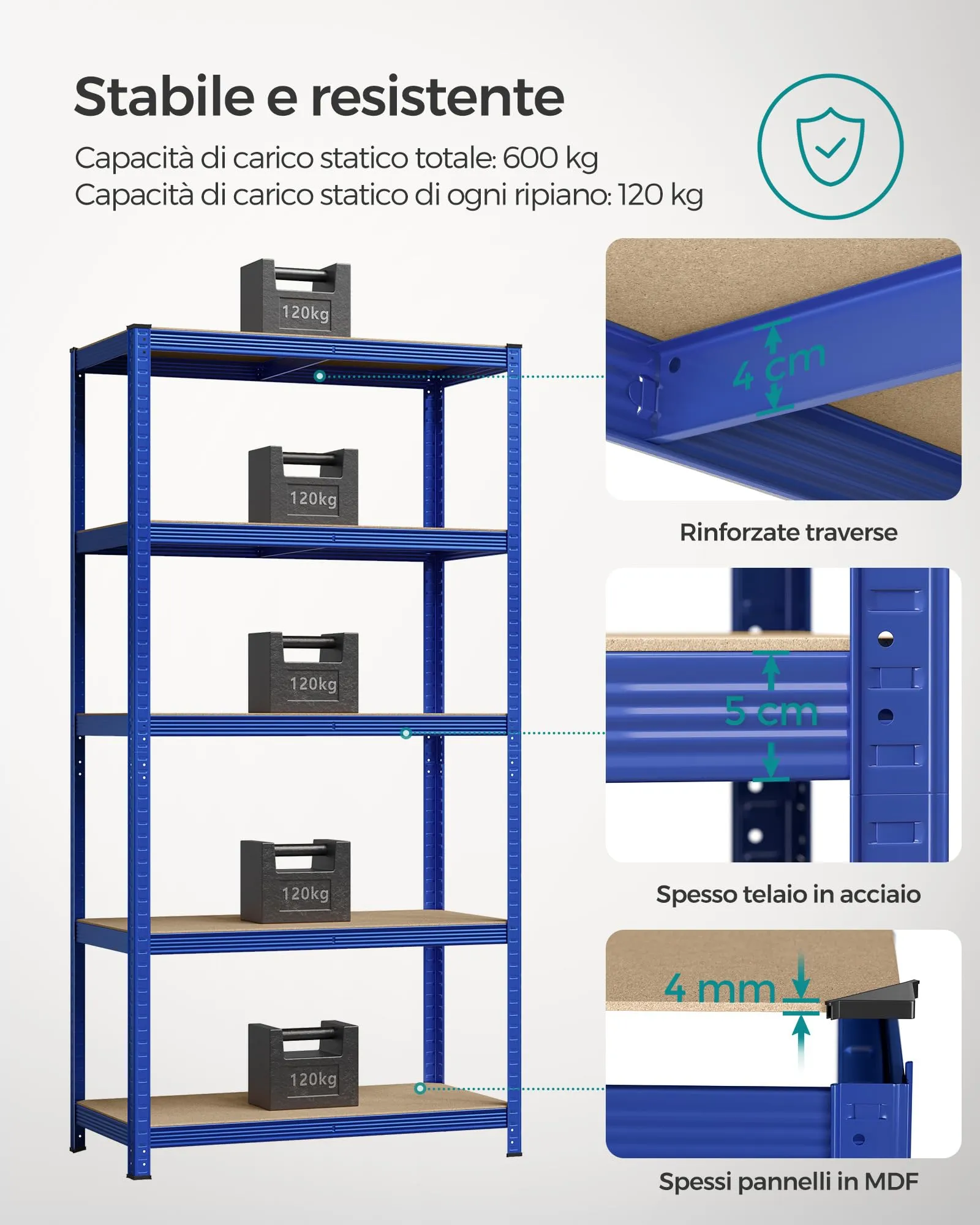 SONGMICS Set di 2 Scaffali in Metallo, Scaffalature a 5 Ripiani Regolabili, Senza Viti, Scaffale Salvaspazio per Garage, Magazzino, Portante 600 kg, 50 x 100 x 200 cm, Blu GLR050Q02 - immagine 4