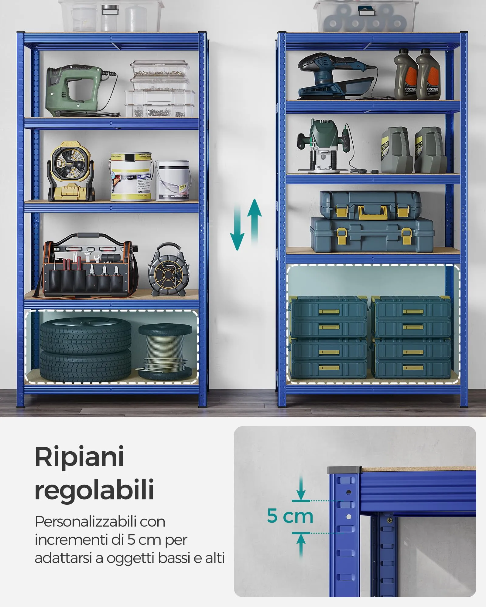 SONGMICS Set di 2 Scaffali in Metallo, Scaffalature a 5 Ripiani Regolabili, Senza Viti, Scaffale Salvaspazio per Garage, Magazzino, Portante 600 kg, 50 x 100 x 200 cm, Blu GLR050Q02 - immagine 5