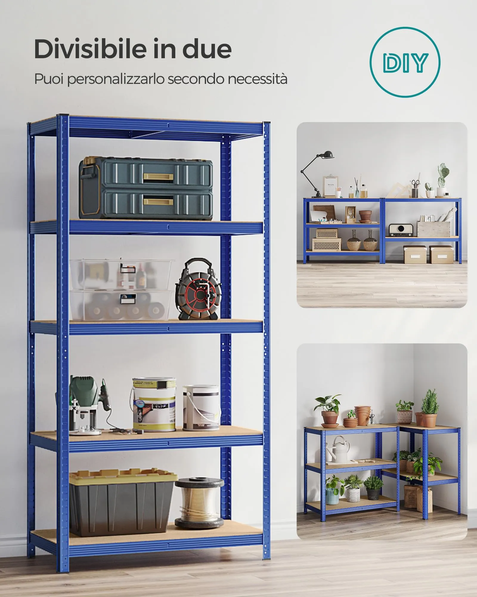 SONGMICS Set di 2 Scaffali in Metallo, Scaffalature a 5 Ripiani Regolabili, Senza Viti, Scaffale Salvaspazio per Garage, Magazzino, Portante 600 kg, 50 x 100 x 200 cm, Blu GLR050Q02 - immagine 7