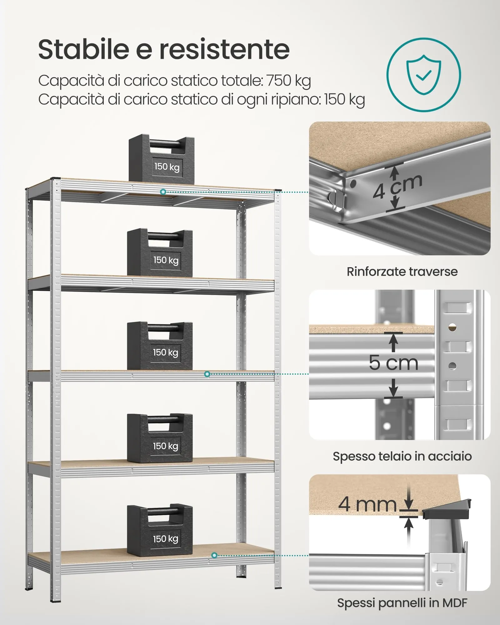 SONGMICS Set di 2 Scaffali in Metallo, 5 Ripiani, 200x120x60 cm - immagine 4