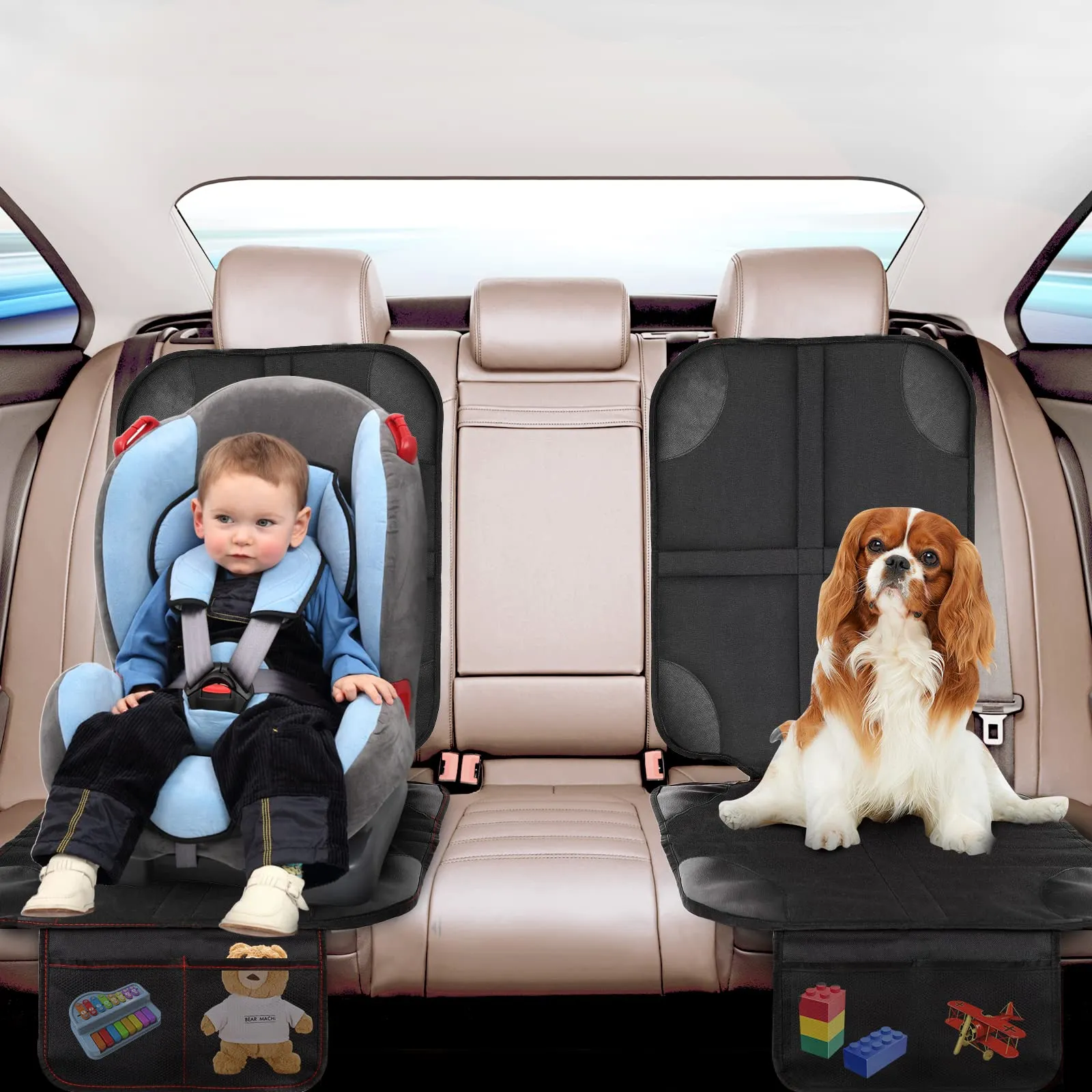 AiQInu Protezione Sedile Auto, Protezioni Per Seggiolino Auto Impermeabile Antiscivolo in Pelle E Tessuto per Bambini Compatibile con 2 Tasche Portaoggetti per Suv, Berlina - immagine 7