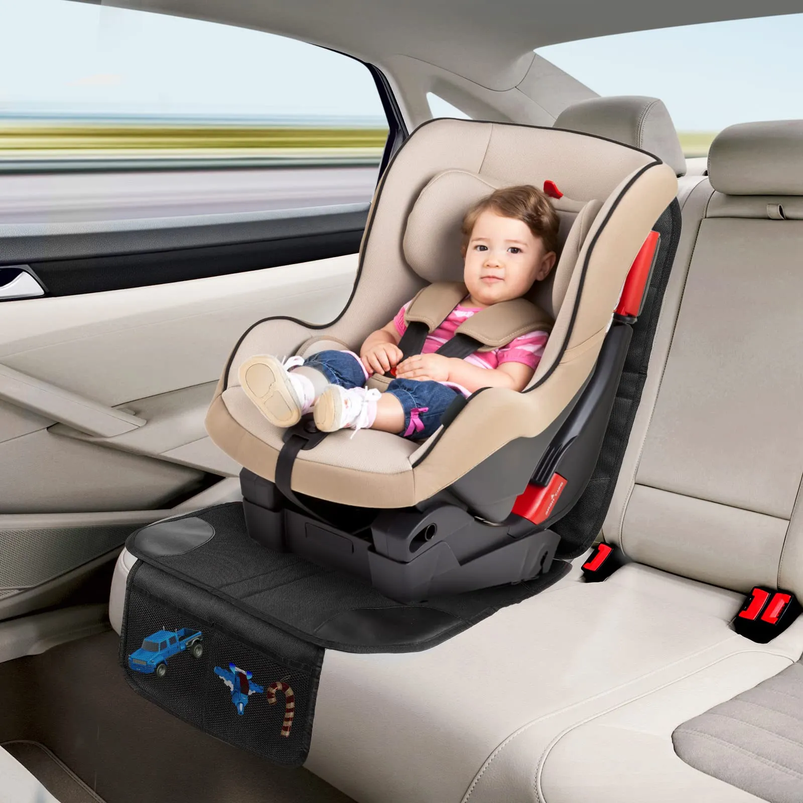 AiQInu Protezione Sedile Auto, Protezioni Per Seggiolino Auto Impermeabile Antiscivolo in Pelle E Tessuto per Bambini Compatibile con 2 Tasche Portaoggetti per Suv, Berlina - immagine 8