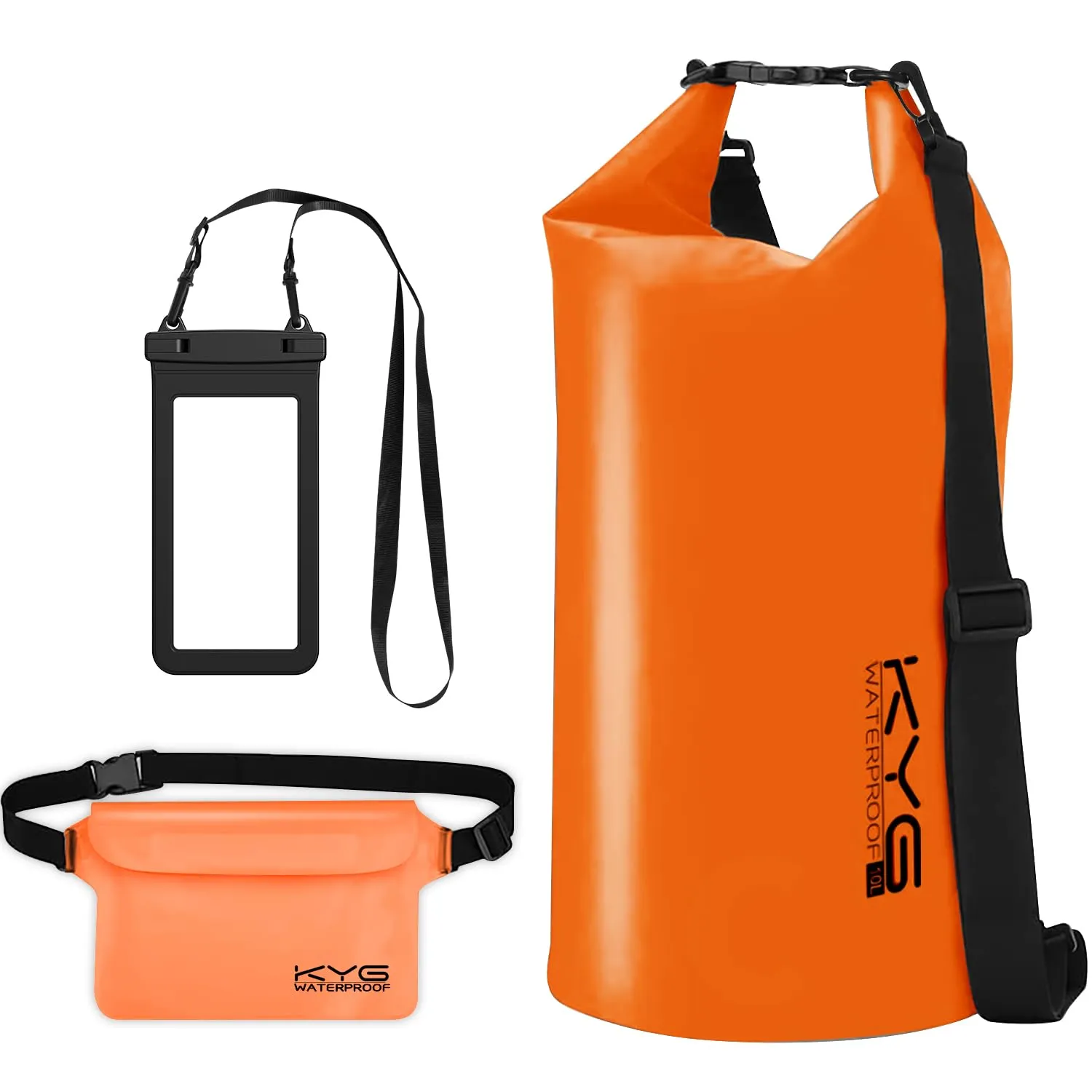 KYG Borsa Impermeabile a Tracolla Regolabile Dry Bag 5L/10L/20L Kit 3 in 1 Marsupio impermeabile, custodia per cellulare Waterproof Zaino Per Nuoto Trekking Surf Rafting Campeggio 5L Arancione - immagine 1