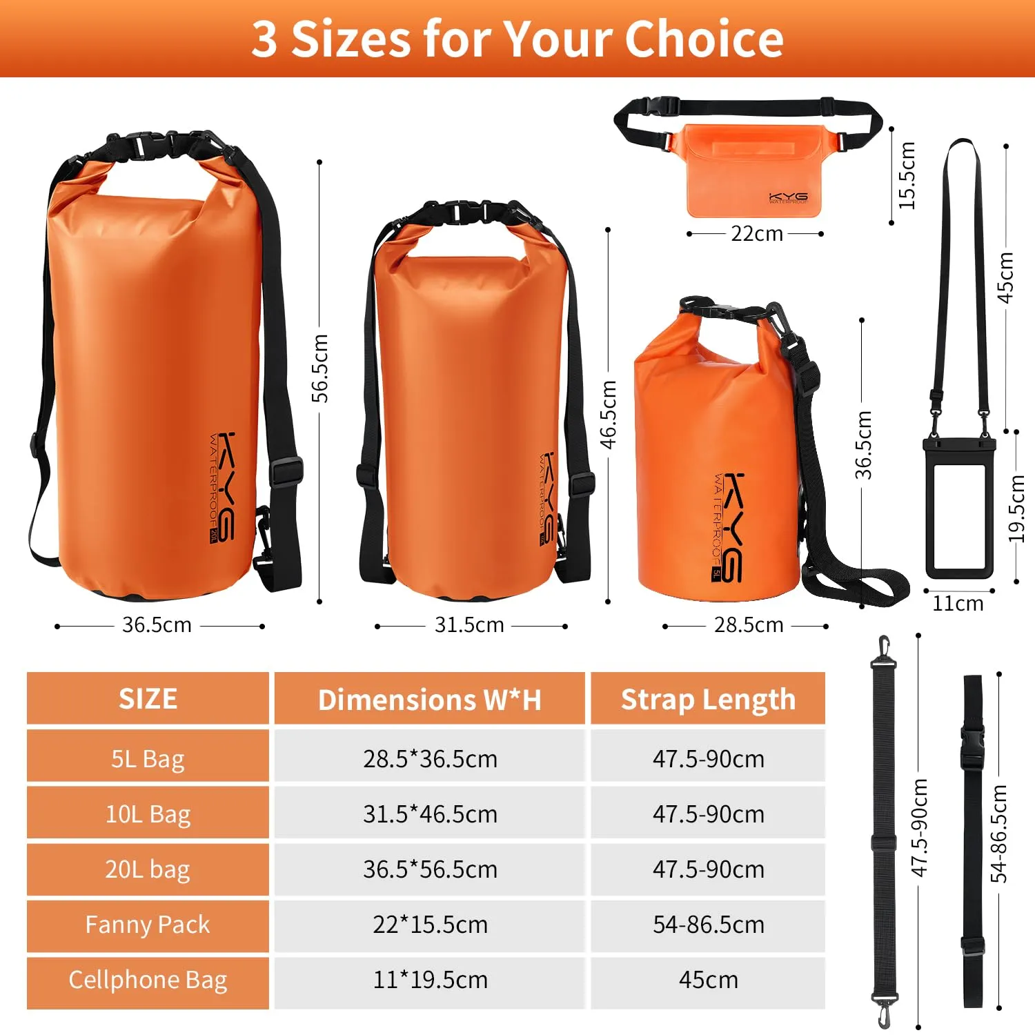 KYG Borsa Impermeabile a Tracolla Regolabile Dry Bag 5L/10L/20L Kit 3 in 1 Marsupio impermeabile, custodia per cellulare Waterproof Zaino Per Nuoto Trekking Surf Rafting Campeggio 5L Arancione - immagine 2