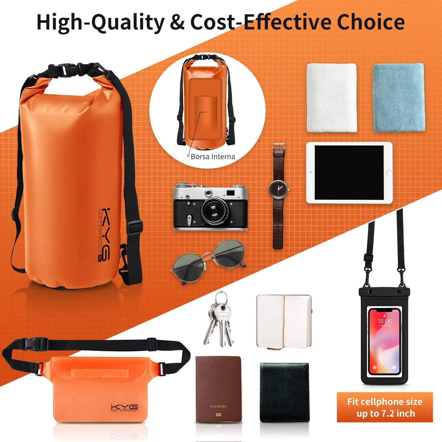KYG Borsa Impermeabile a Tracolla Regolabile Dry Bag 5L/10L/20L Kit 3 in 1 Marsupio impermeabile, custodia per cellulare Waterproof Zaino Per Nuoto Trekking Surf Rafting Campeggio 5L Arancione - immagine 6