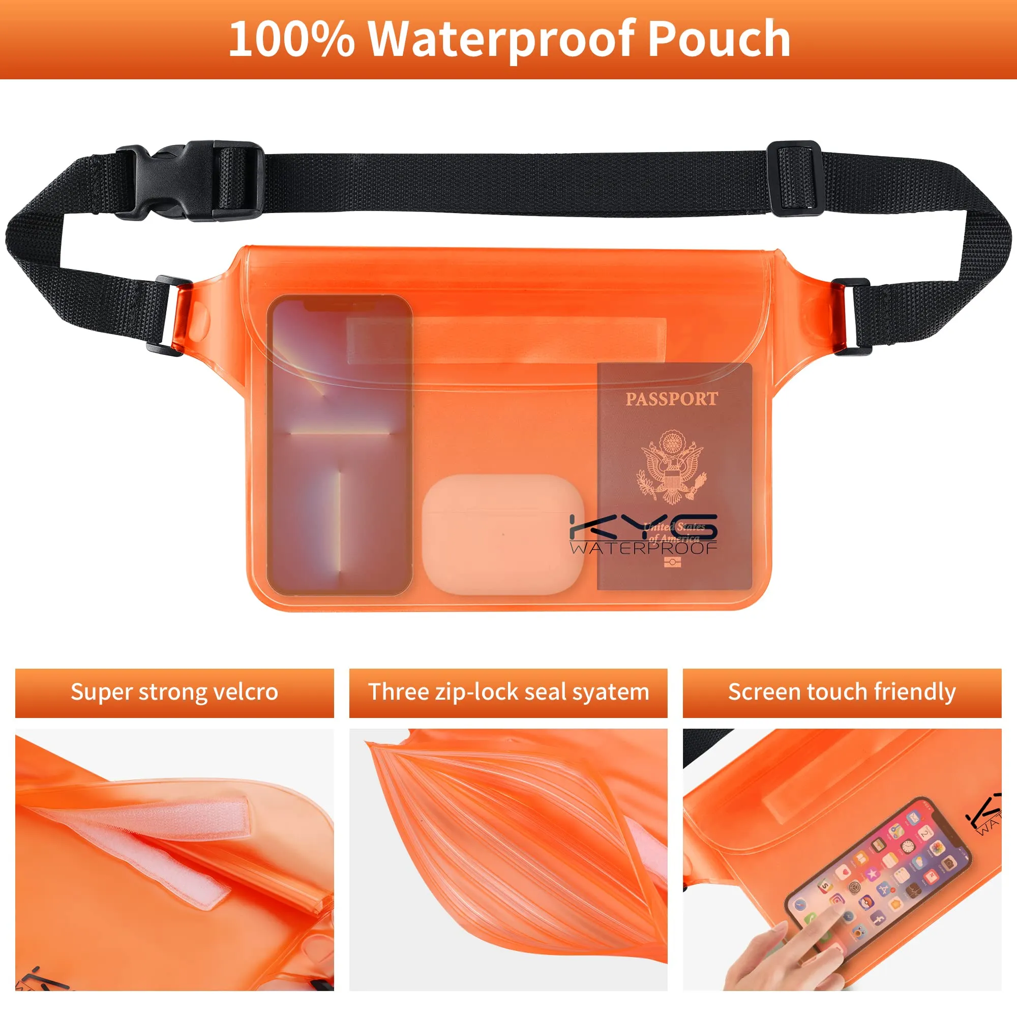 KYG Borsa Impermeabile a Tracolla Regolabile Dry Bag 5L/10L/20L Kit 3 in 1 Marsupio impermeabile, custodia per cellulare Waterproof Zaino Per Nuoto Trekking Surf Rafting Campeggio 5L Arancione - immagine 7