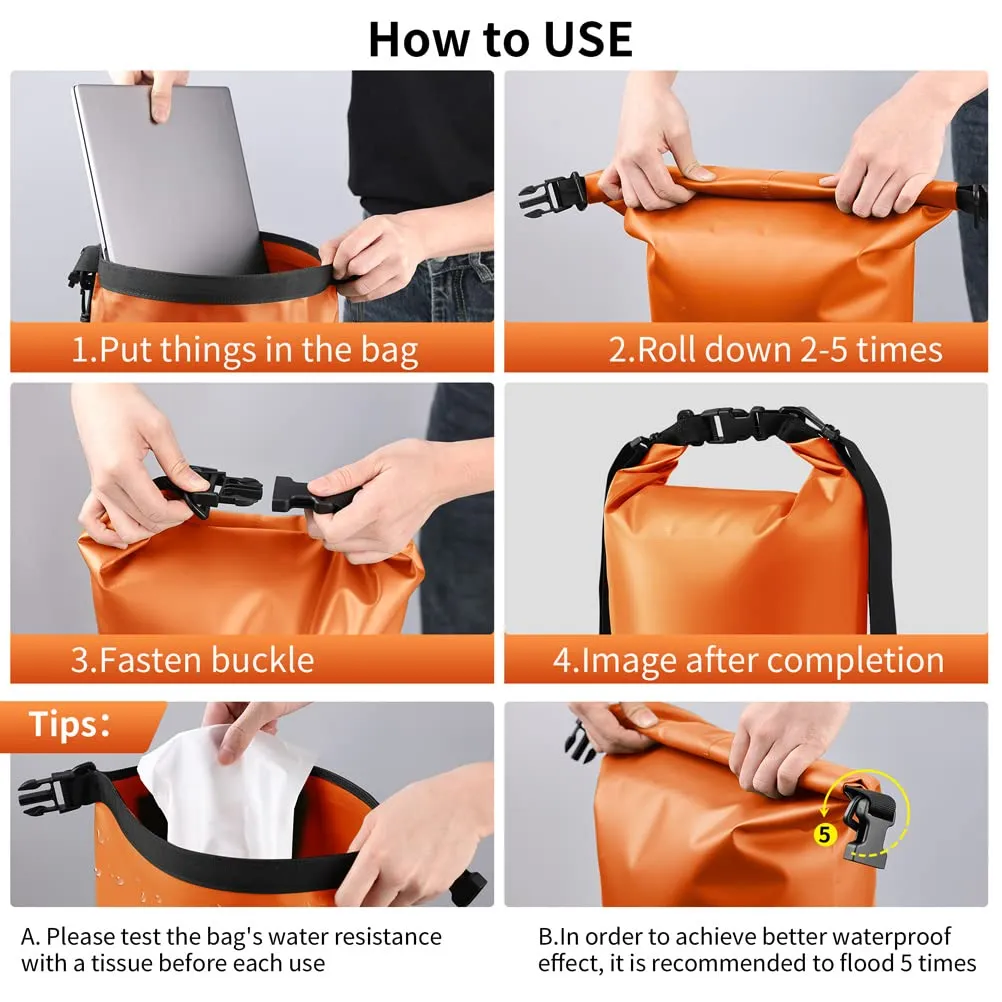 KYG Borsa Impermeabile a Tracolla Regolabile Dry Bag 5L/10L/20L Kit 3 in 1 Marsupio impermeabile, custodia per cellulare Waterproof Zaino Per Nuoto Trekking Surf Rafting Campeggio 5L Arancione - immagine 8